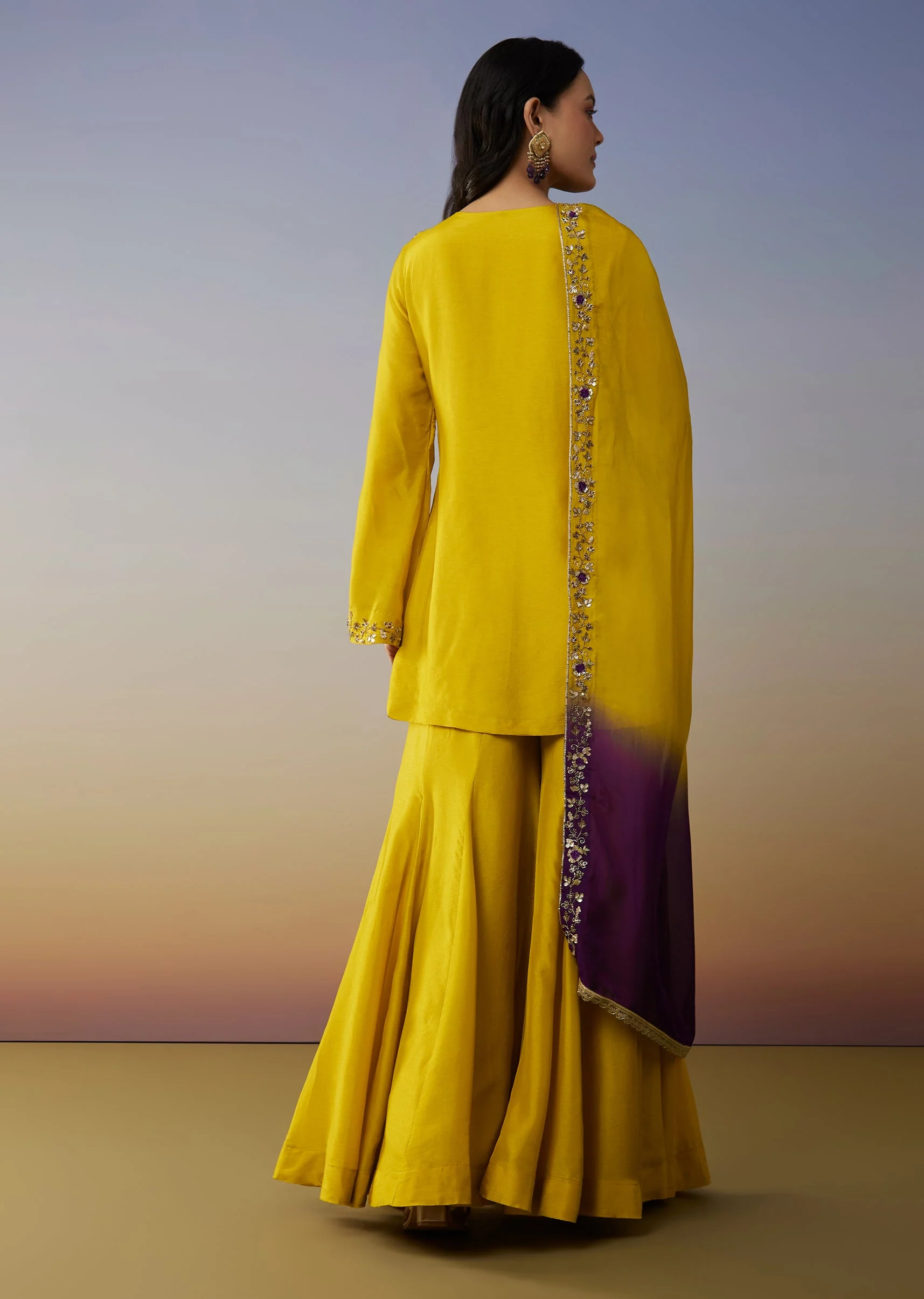 Yellow Silk Palazzo Suits with Zardosi Sequins Work - Image 5