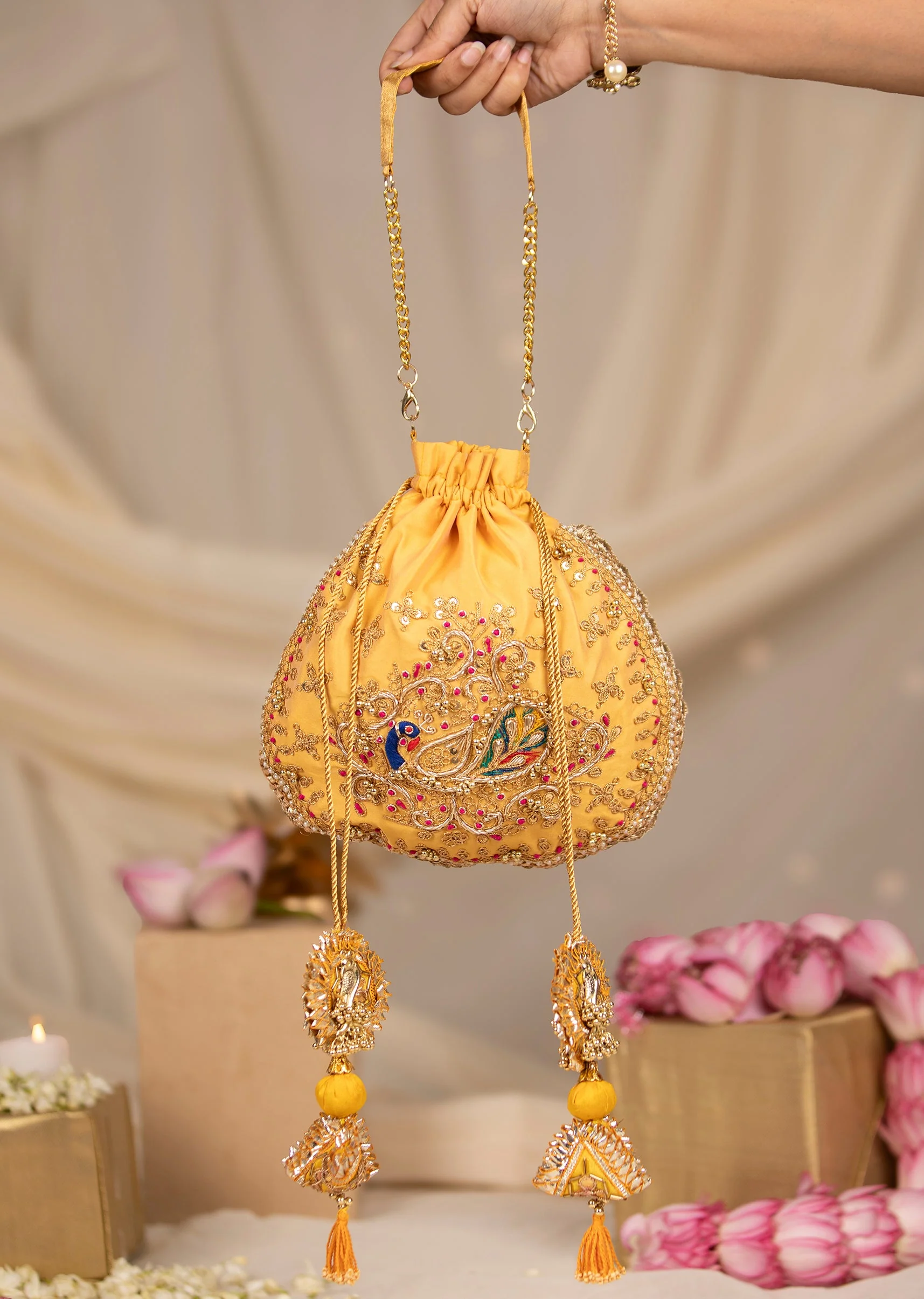 Yellow Silk Peacock Motif Embroidered Potli Bag
