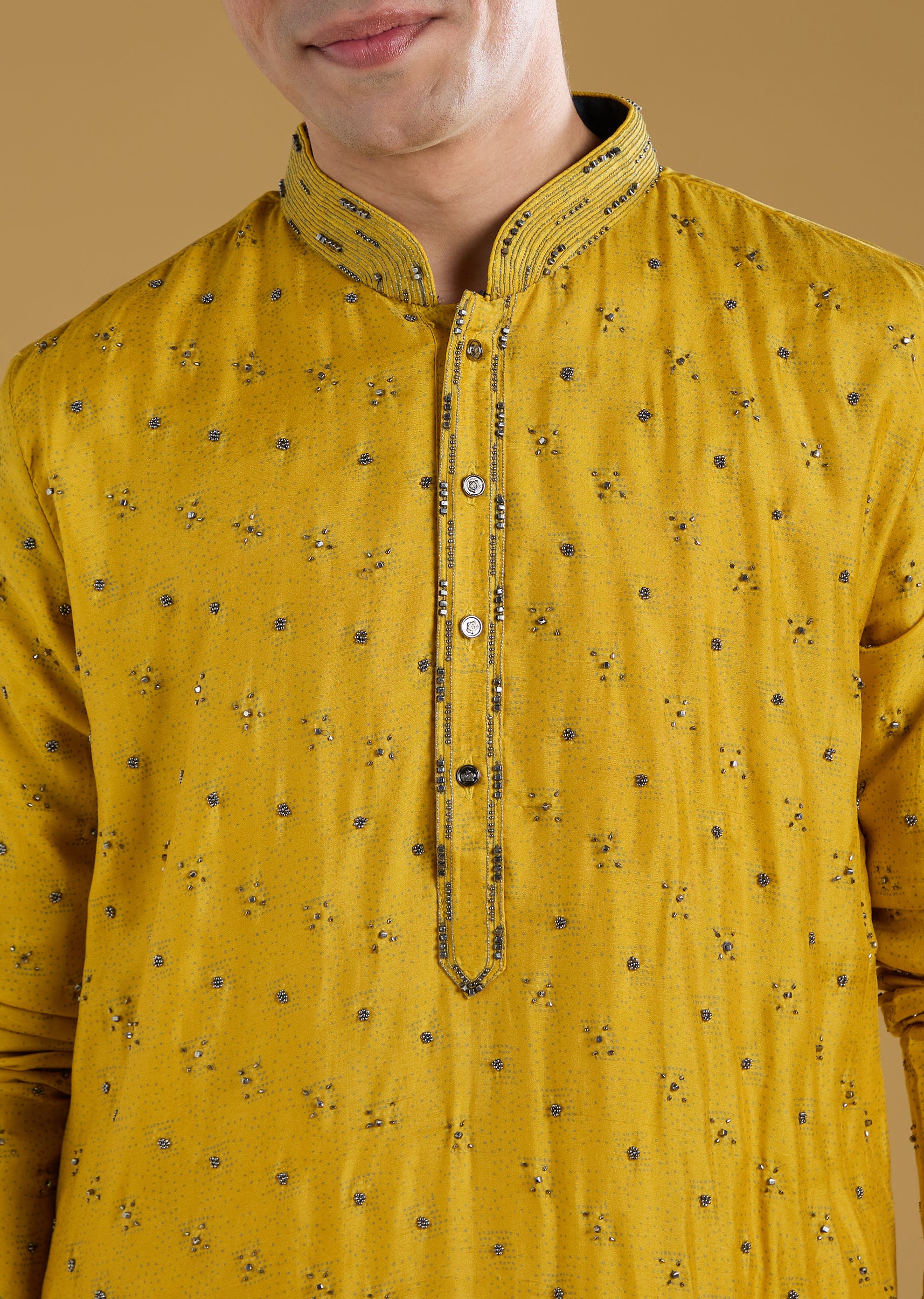 Yellow Silk Resham Embroidered Kurta Set With Mirrorwork