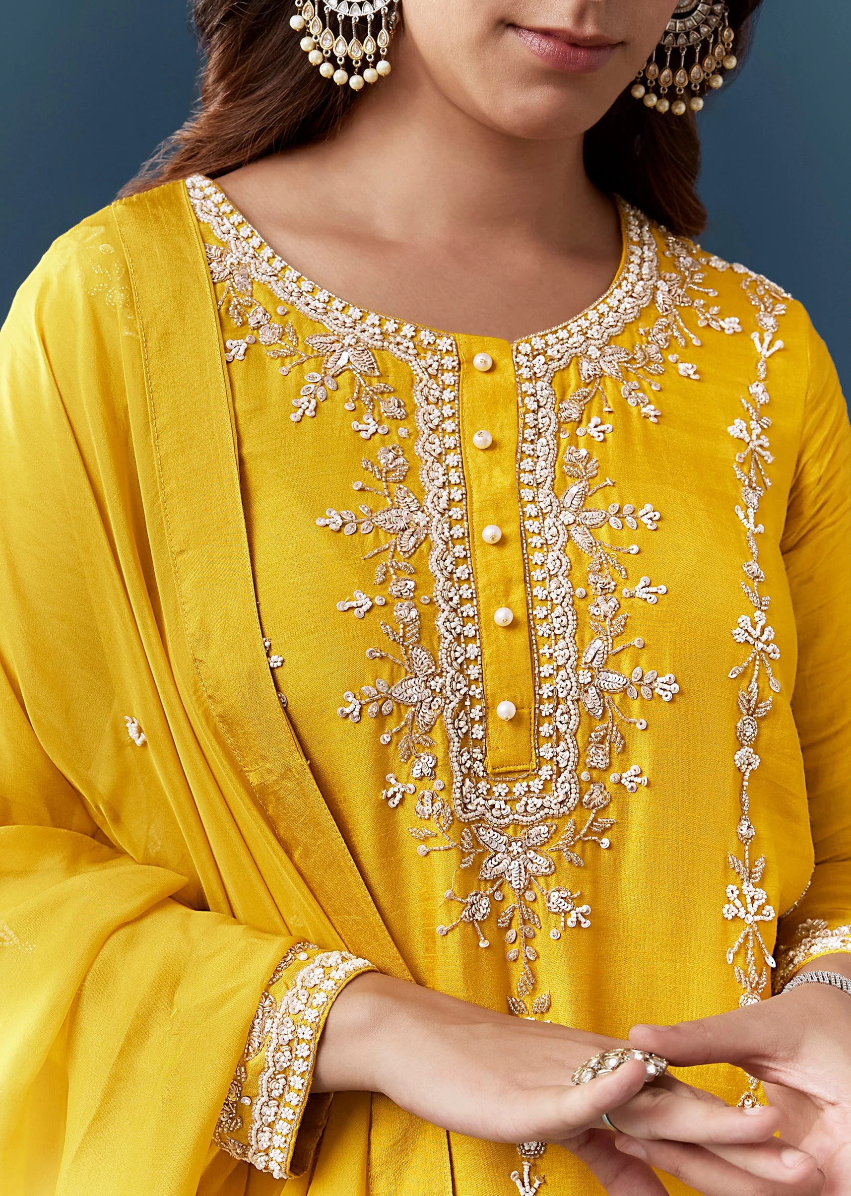 Yellow Silk Sequin Work Kurta and Skirt Set - Image 2