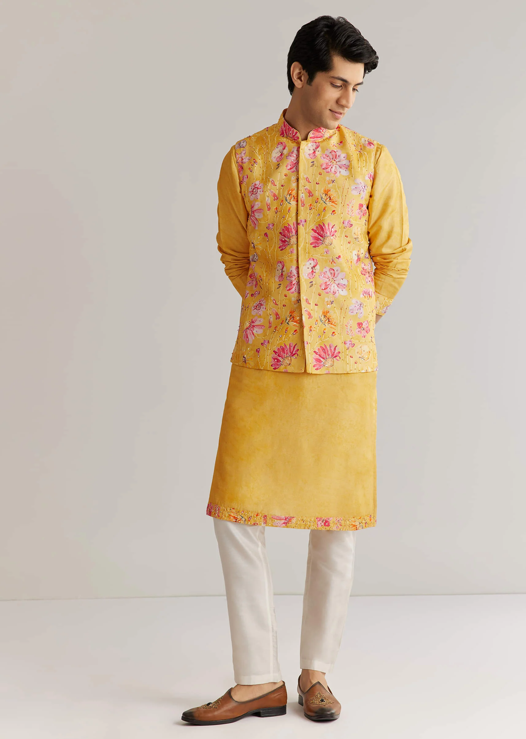 Yellow Silk Stone Sequins Cutdana Kurta Jacket Set - Image 2