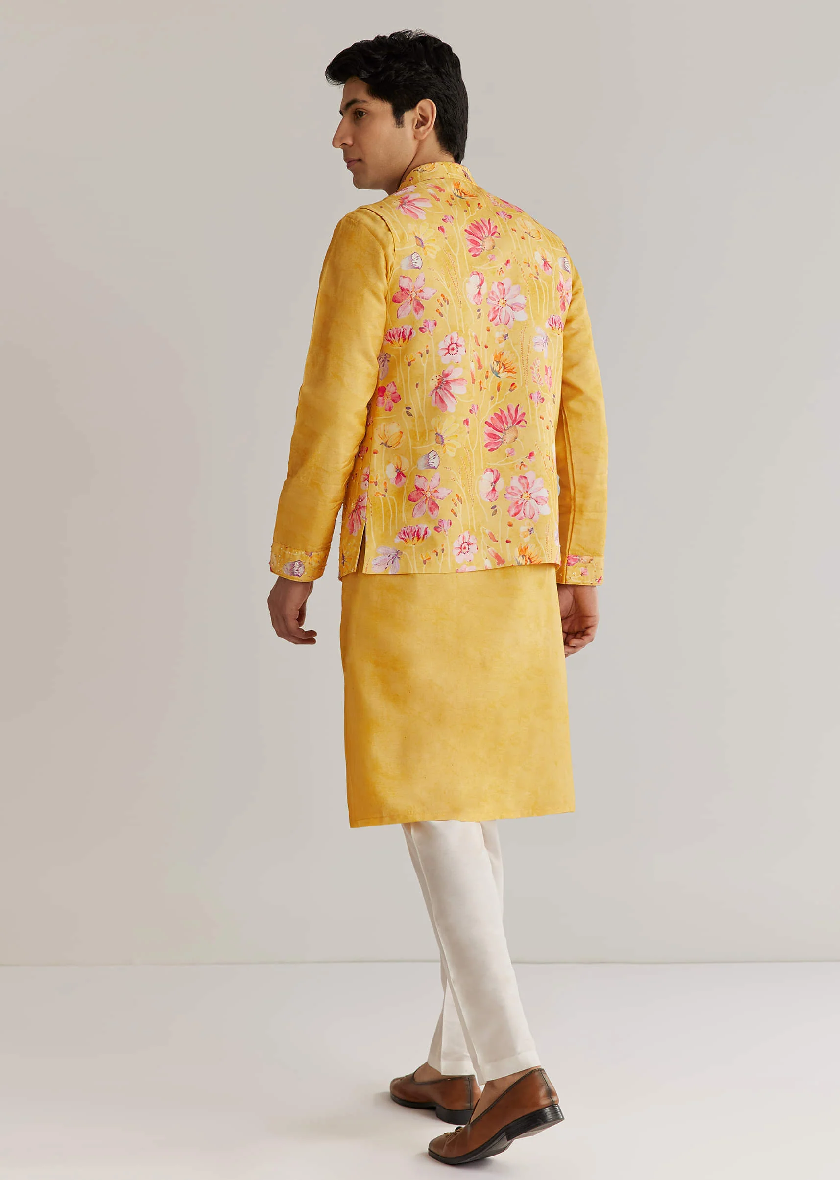 Yellow Silk Stone Sequins Cutdana Kurta Jacket Set - Image 5