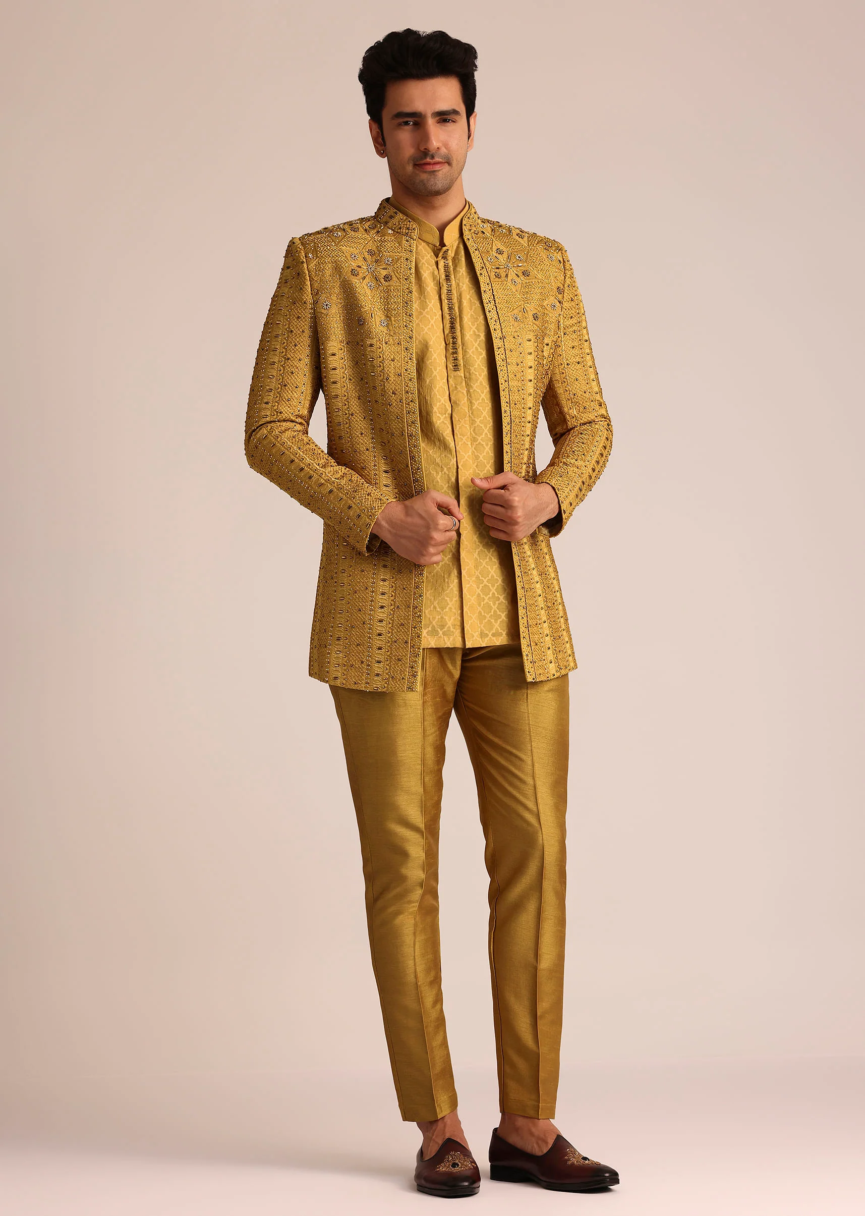 Yellow Silk Zardosi Indowestern Set - Image 2