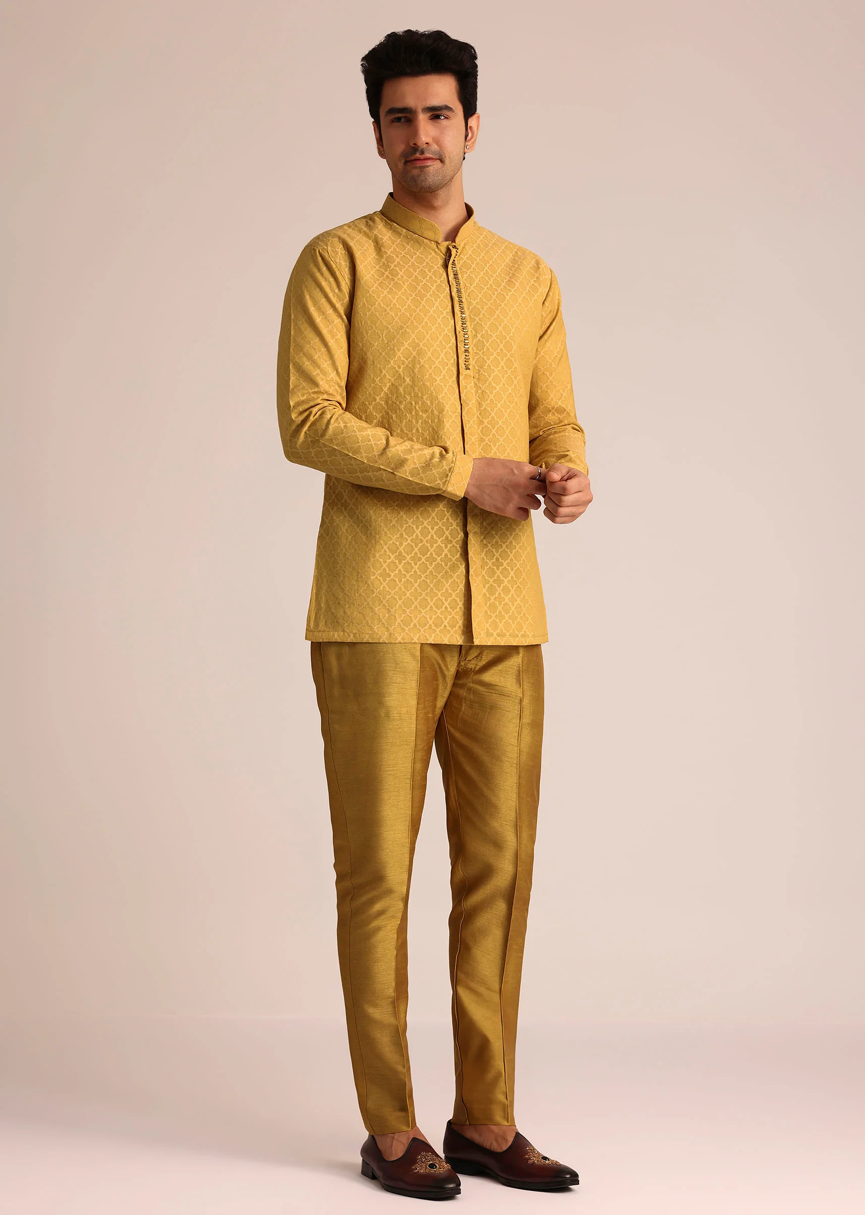 Yellow Silk Zardosi Indowestern Set - Image 6