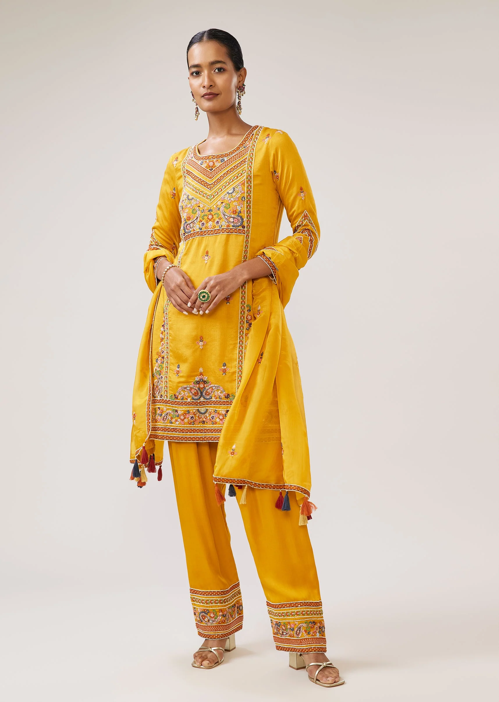 Yellow Thread And Moti Work Kurti Pant Set With Dupatta