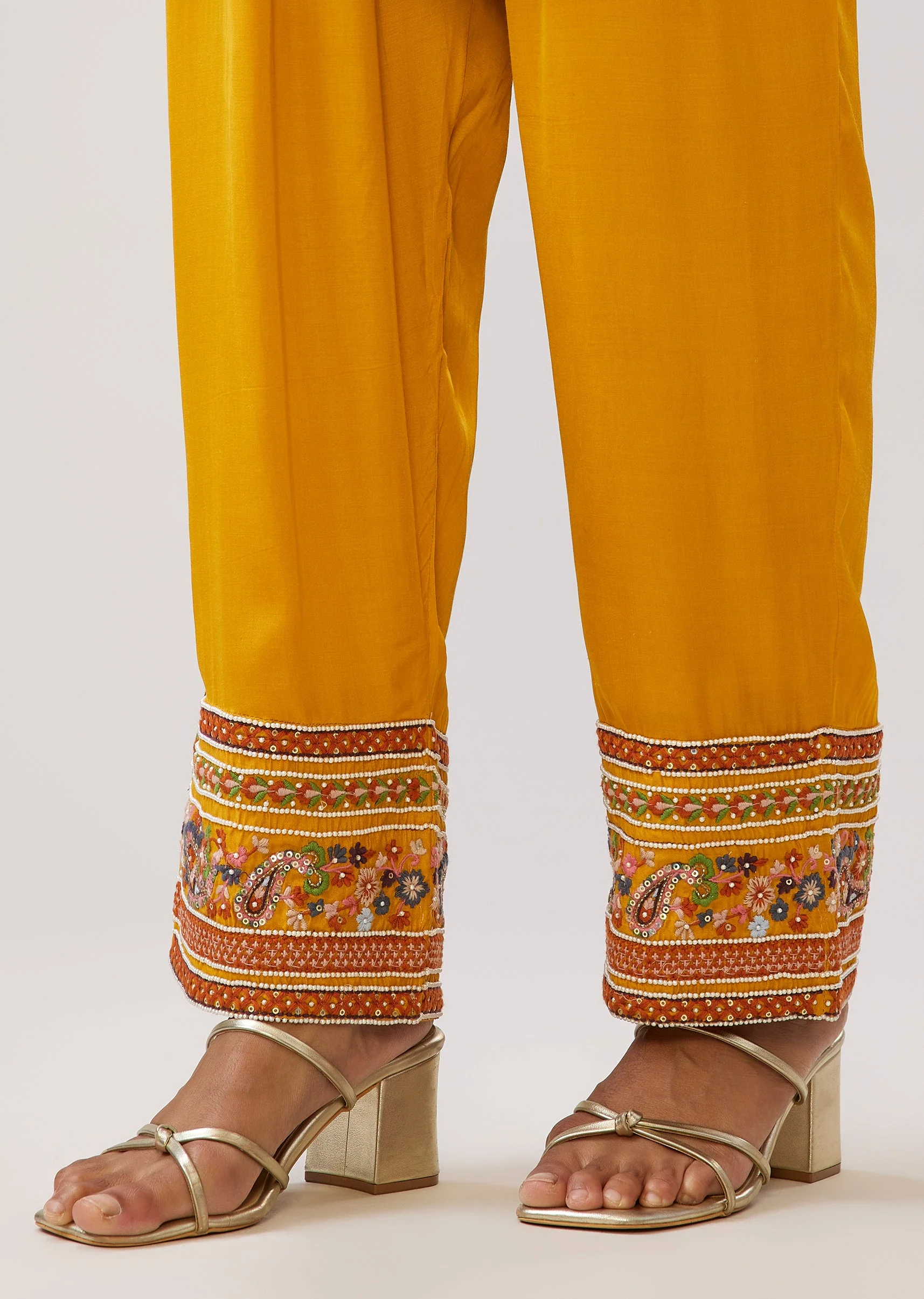 Yellow Thread And Moti Work Kurti Pant Set With Dupatta - Image 6