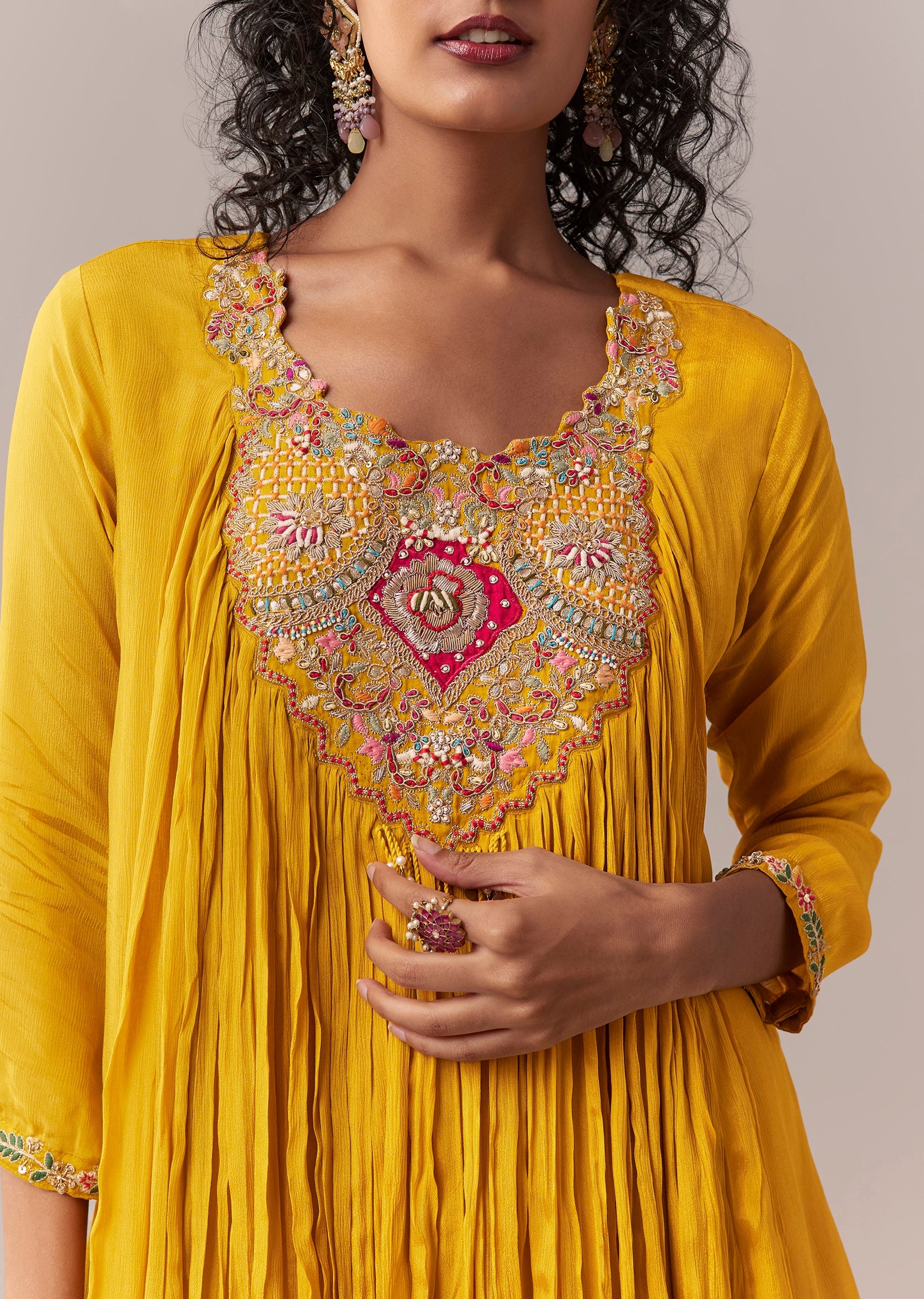 Yellow Thread & Zardosi Palazzo Suit Set - Image 2