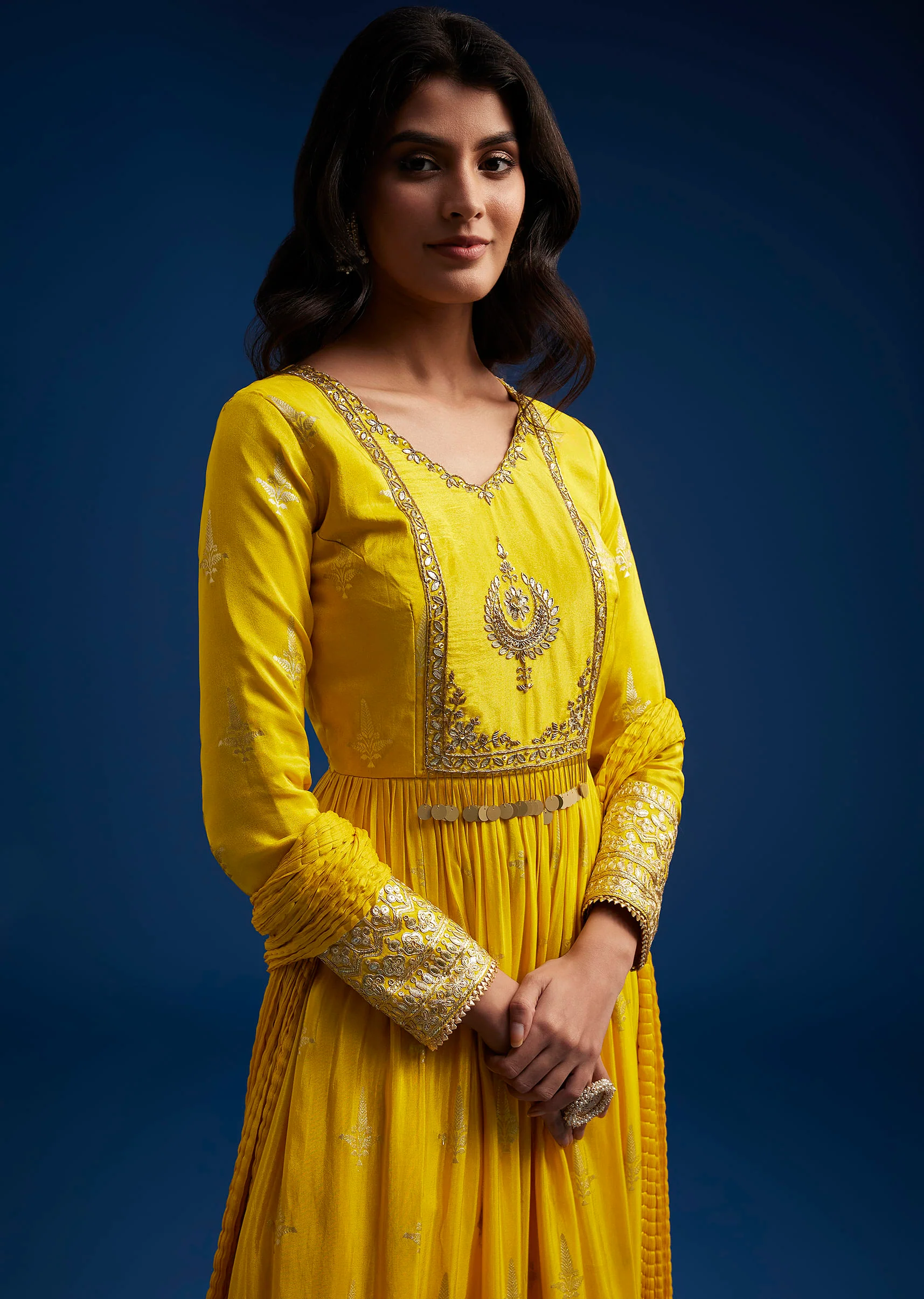 Yellow Tissue Anarkali Set With Gotta Work - Image 4