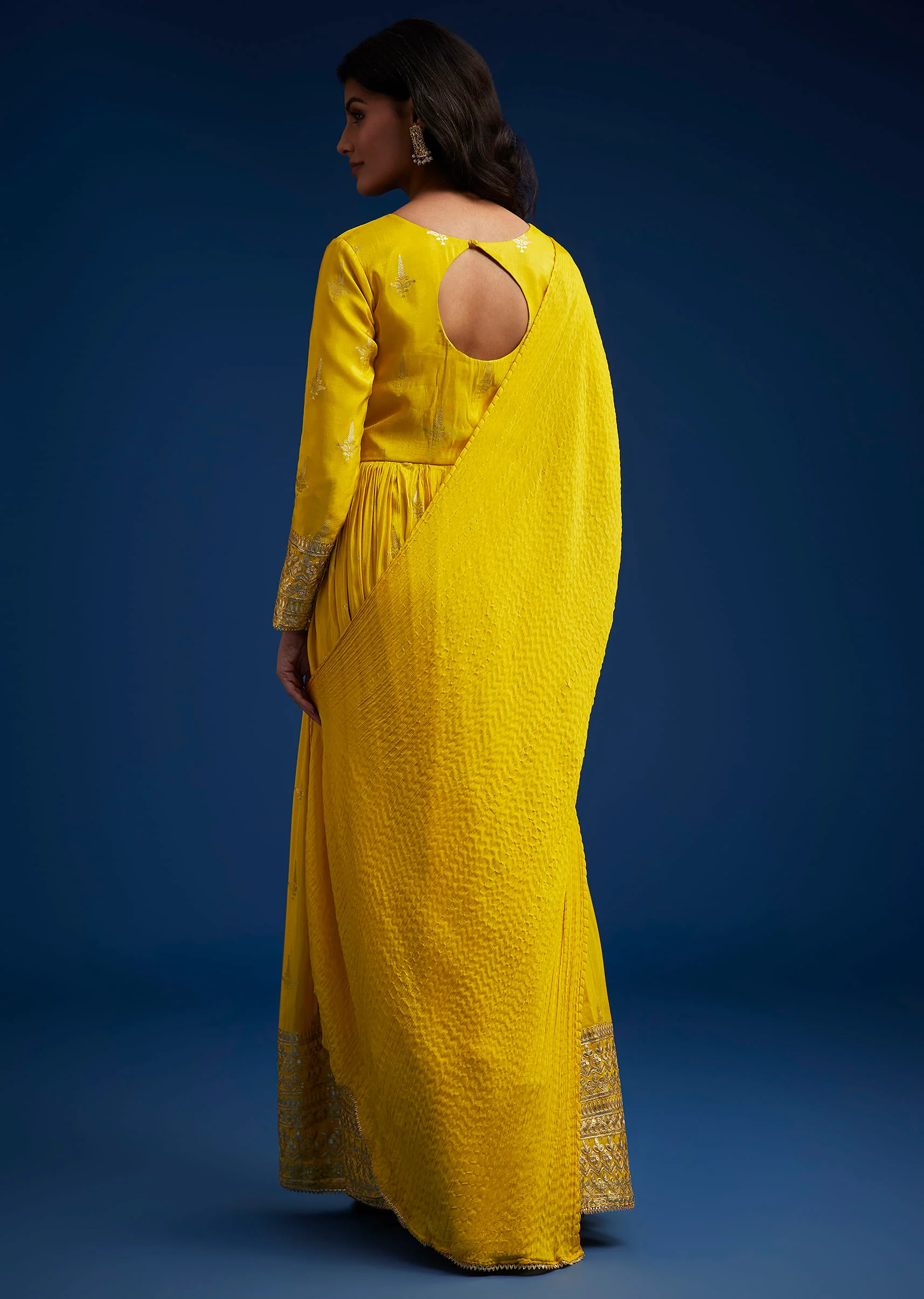 Yellow Tissue Anarkali Set With Gotta Work - Image 5