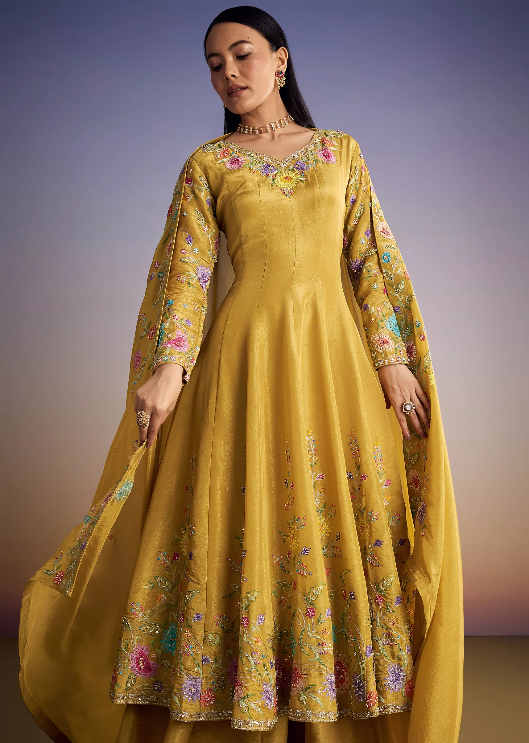Yellow Tissue Anarkali Set With Resham And Moti Work - Image 4