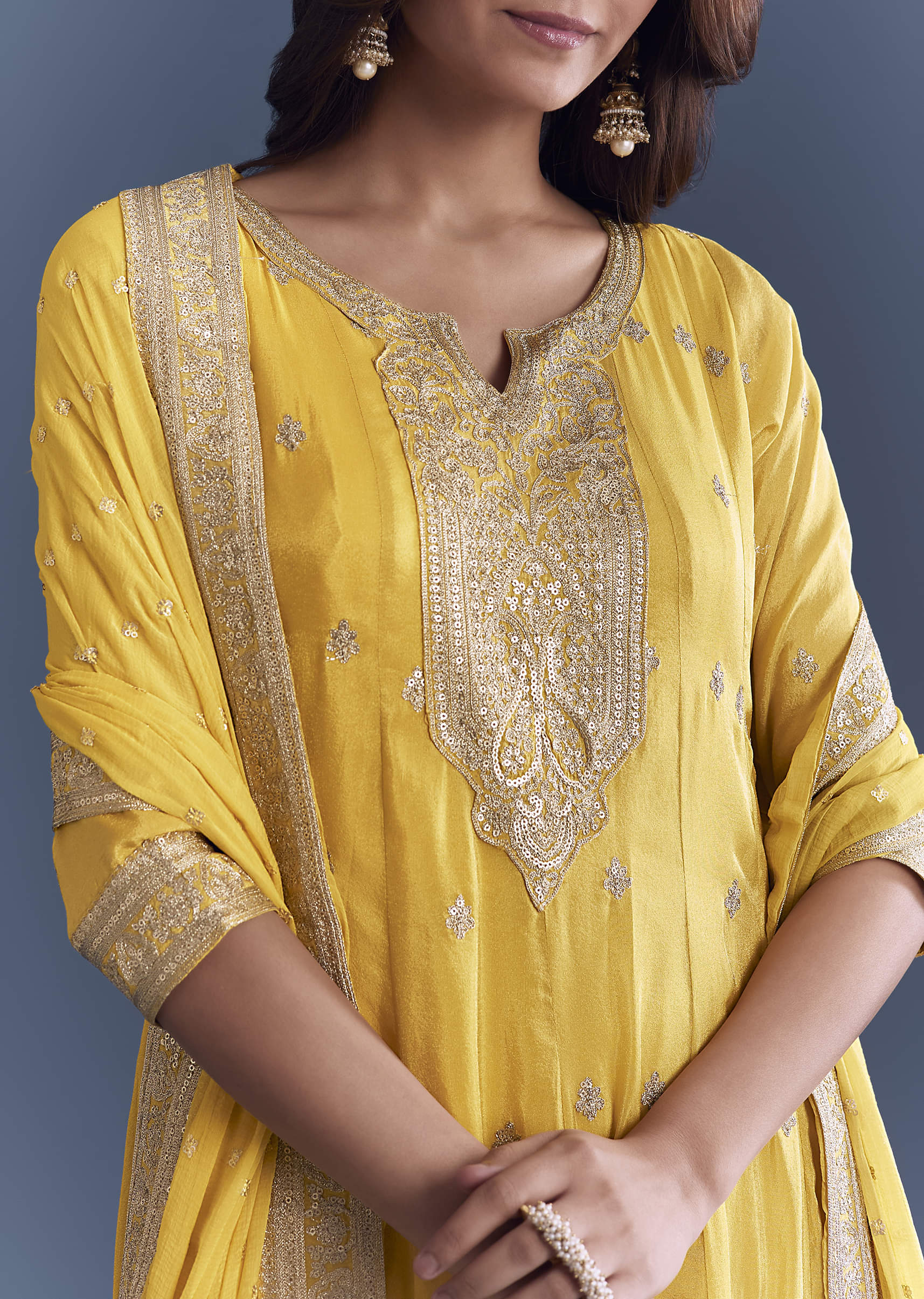 Yellow Tissue Anarkali Suit With Sequins And Zari Work - Image 2
