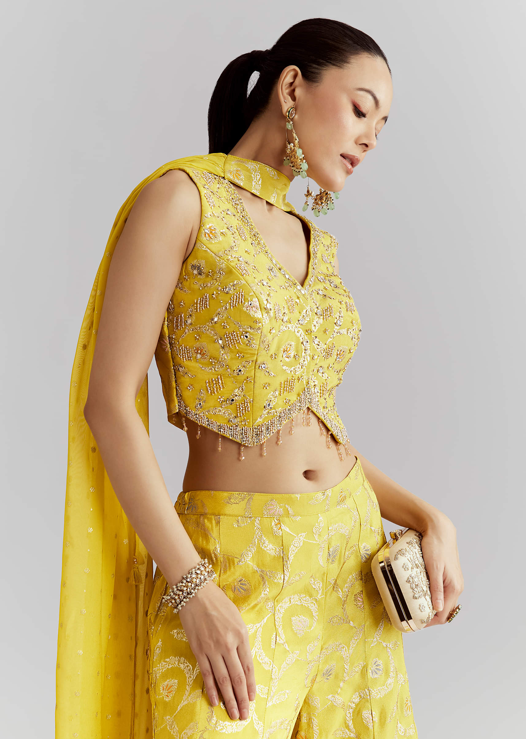 Yellow Tissue Crop Top And Palazzo Pant Set With Embroidery - Image 4