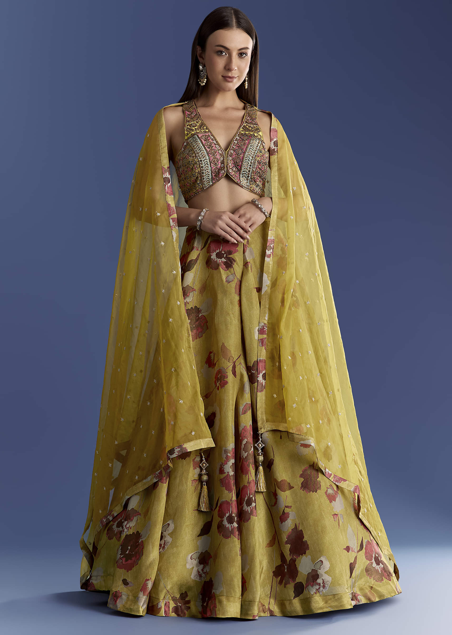 Yellow Tissue Lehenga Set With Zardosi Choli And Sequins Dupatta - Image 2