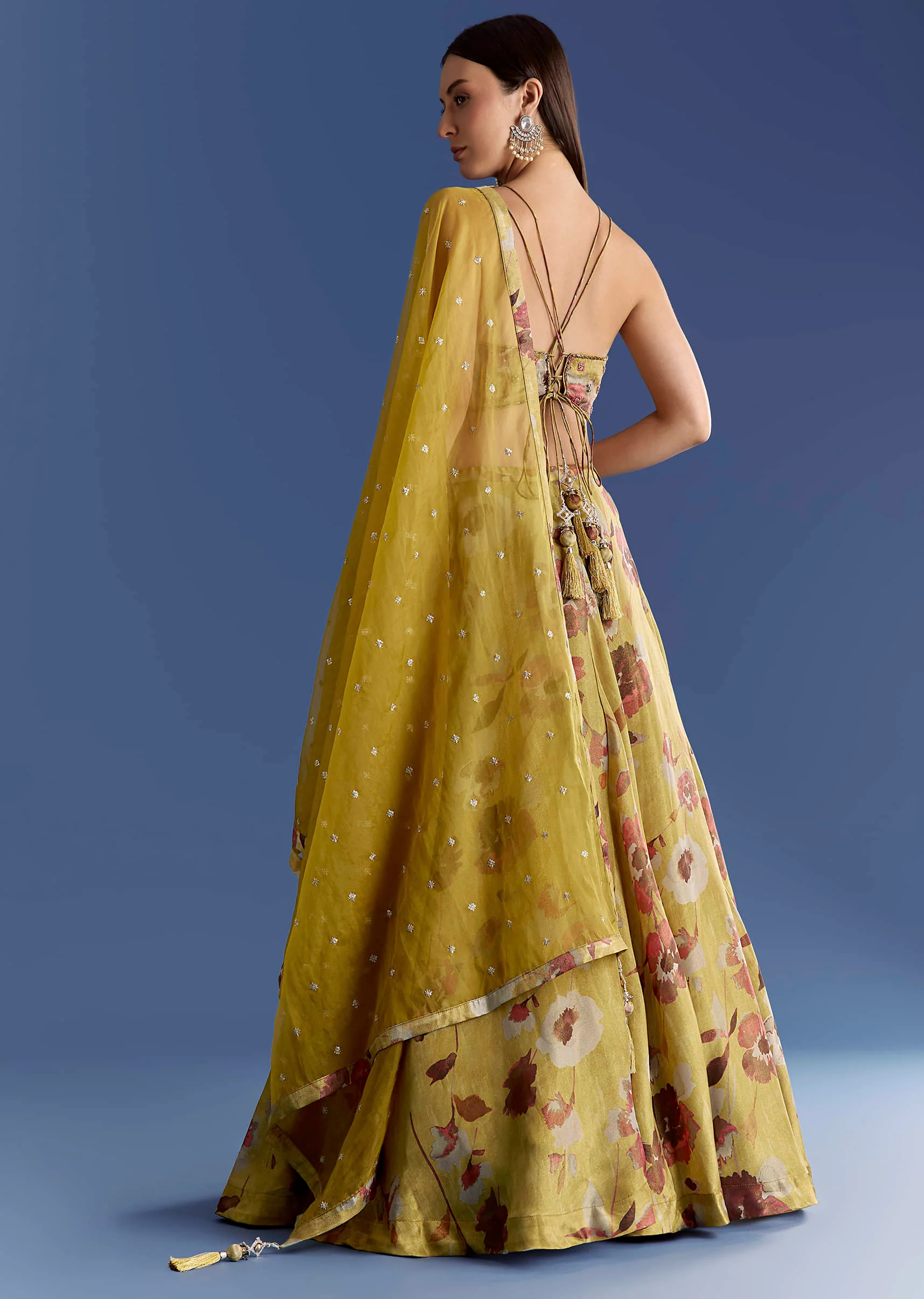Yellow Tissue Lehenga Set With Zardosi Choli And Sequins Dupatta - Image 5