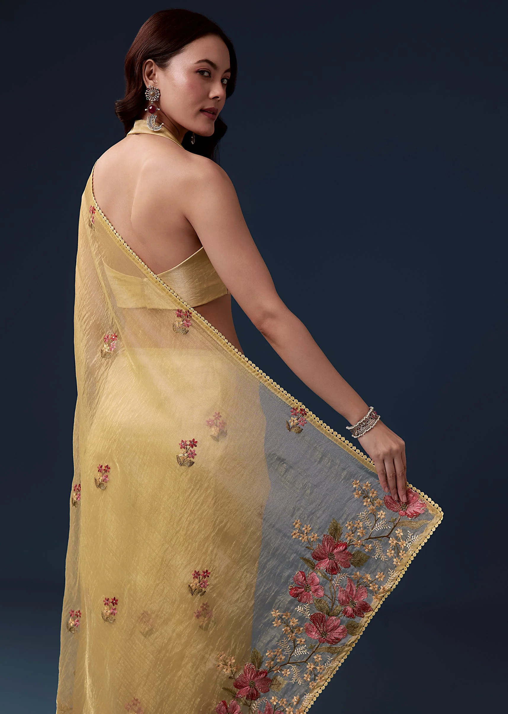 Yellow Tissue Organza Saree With Multicolor Resham Thread And Lace Border - Image 6