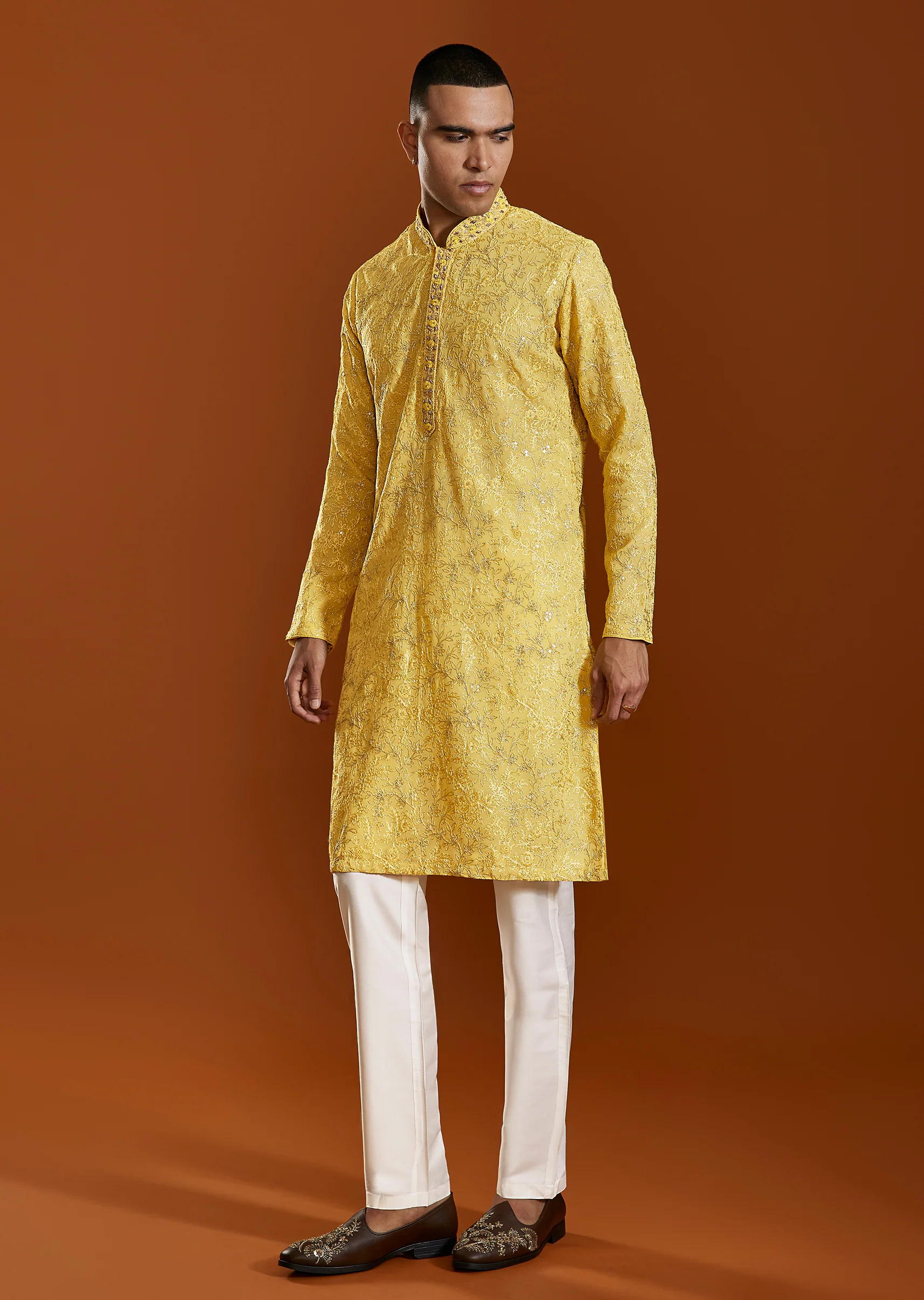 Yellow Tissue Resham Embroidered Kurta Set With Cutdana Beads
