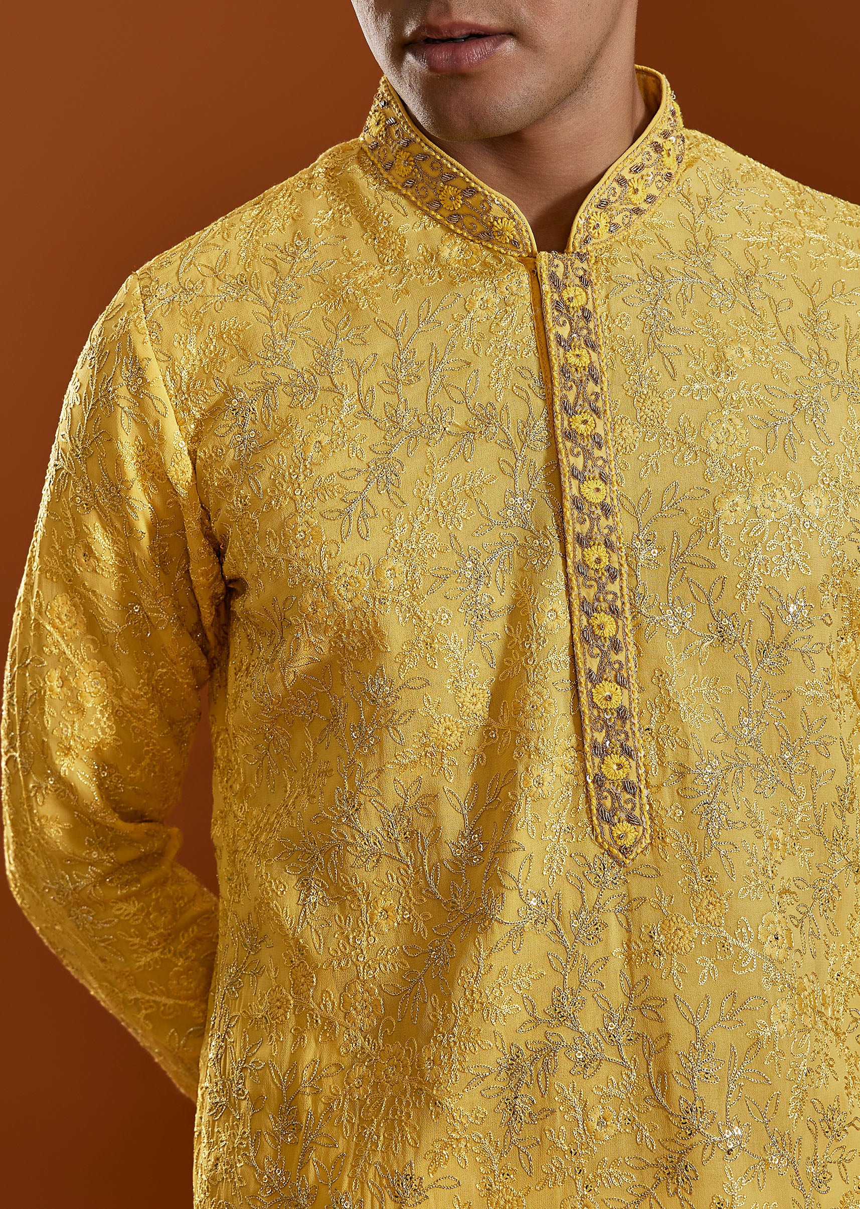 Yellow Tissue Resham Embroidered Kurta Set With Cutdana Beads - Image 2