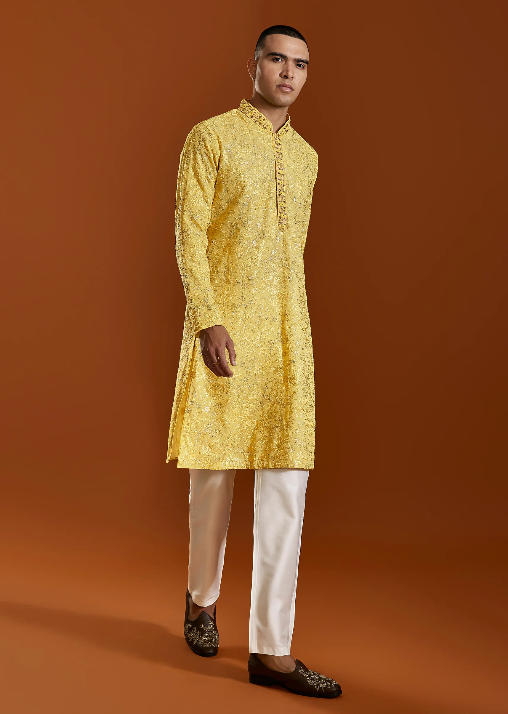 Yellow Tissue Resham Embroidered Kurta Set With Cutdana Beads - Image 3