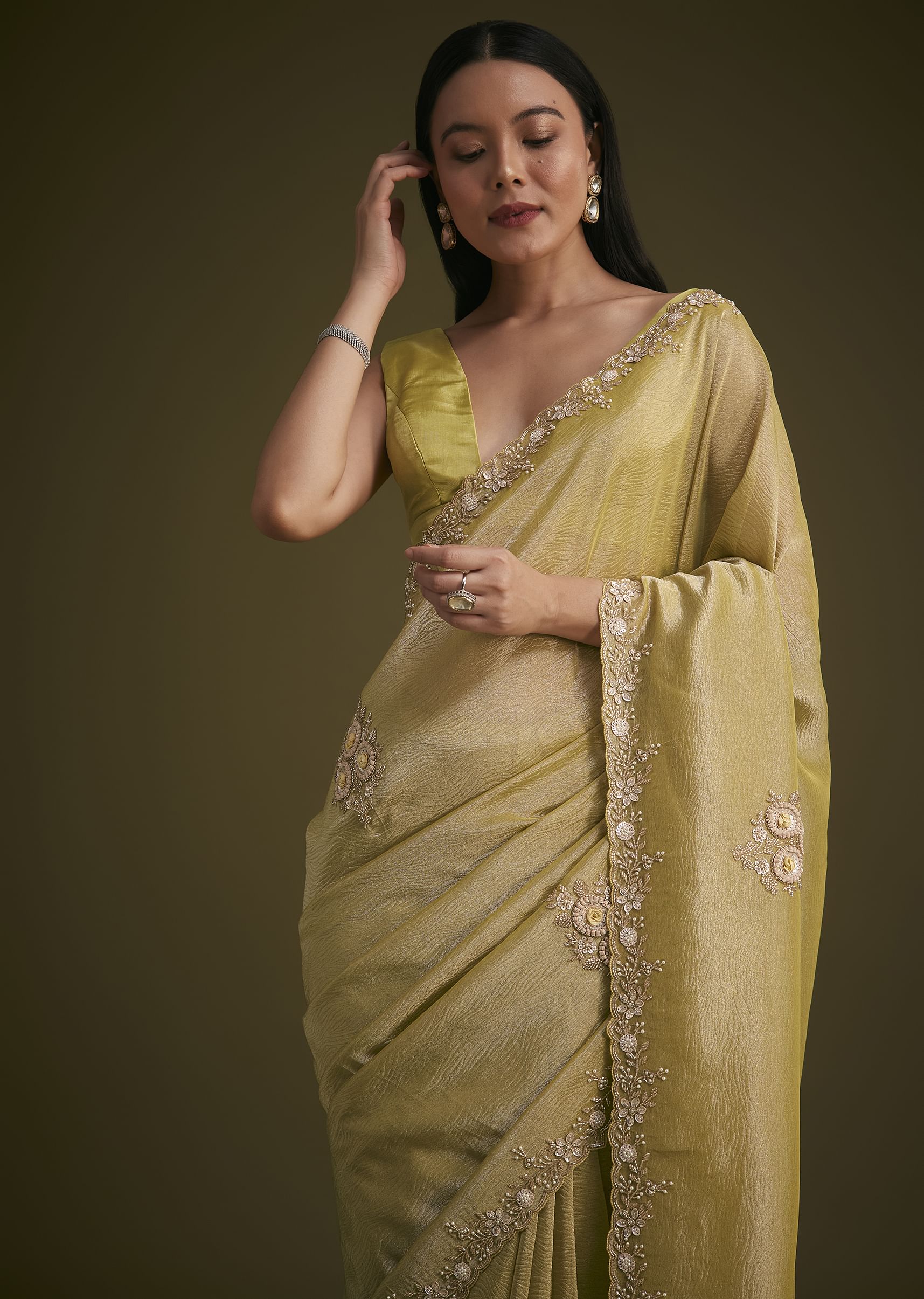 Yellow Tissue Saree With Floral Embroidery - Image 2