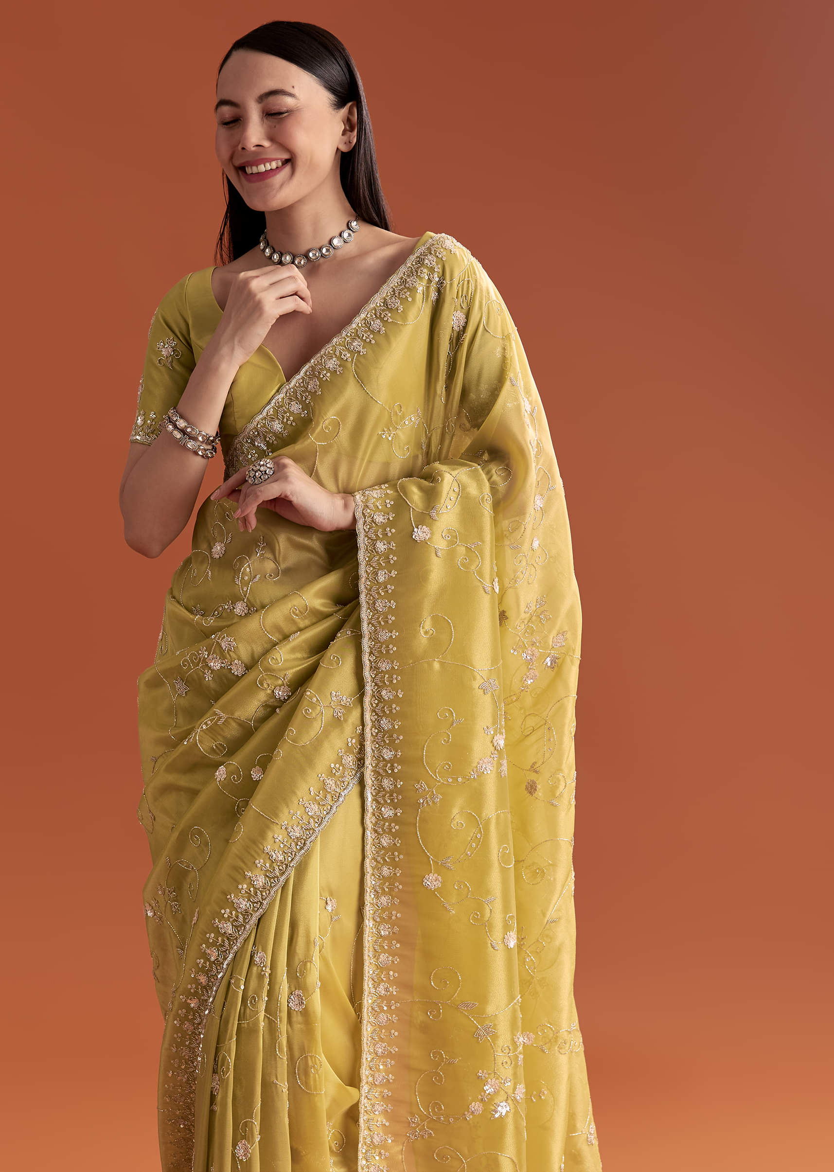 Yellow Tissue Saree With Floral Embroidery And Cutdana Work - Image 5