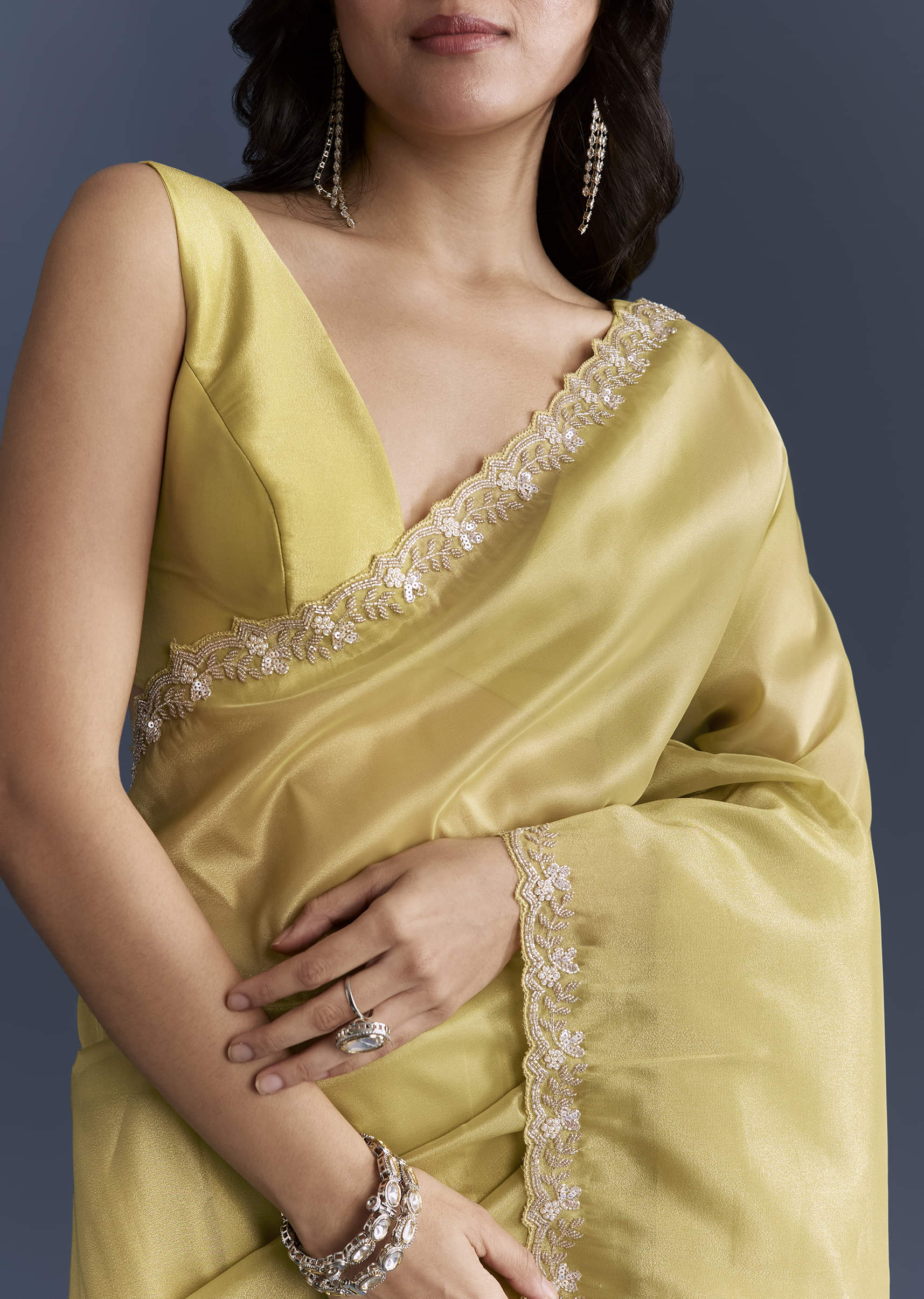Yellow Tissue Saree With Heavy Hand Embroidery - Image 2