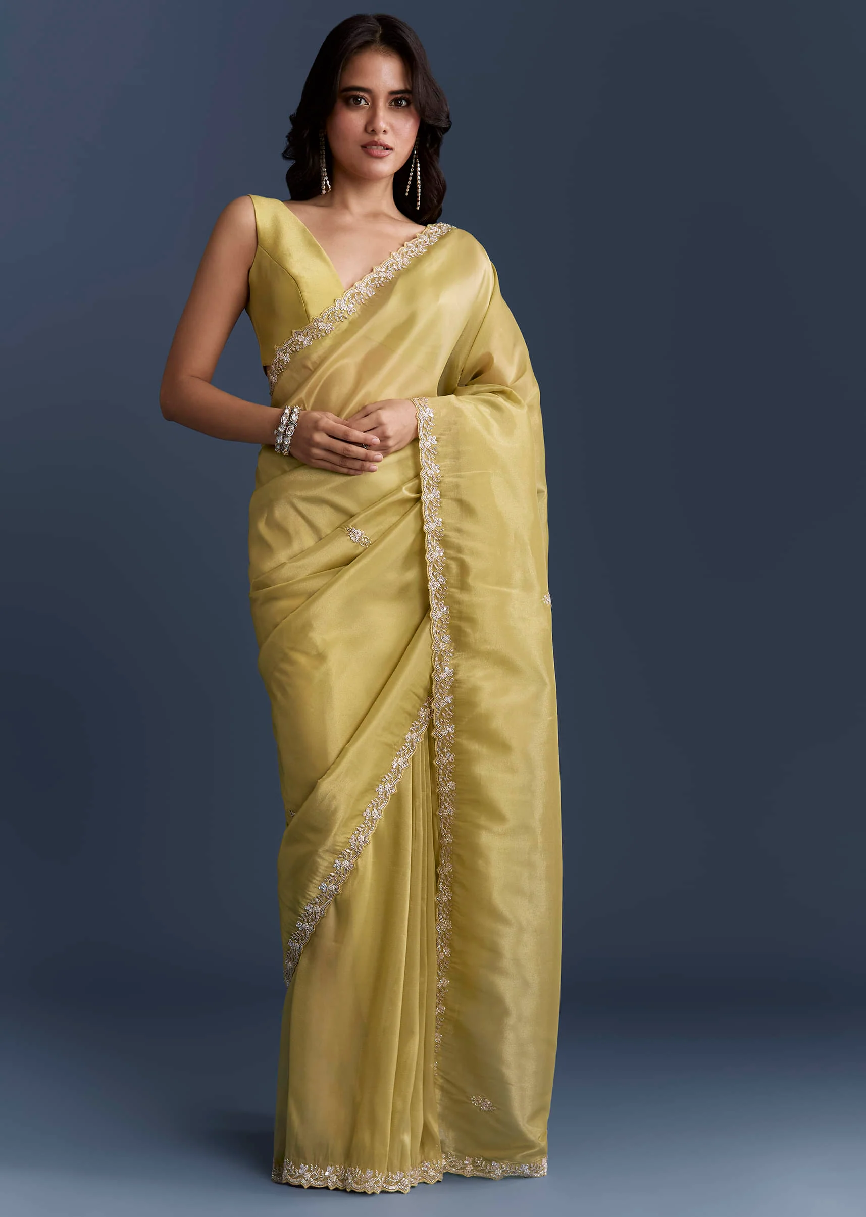 Yellow Tissue Saree With Heavy Hand Embroidery - Image 3