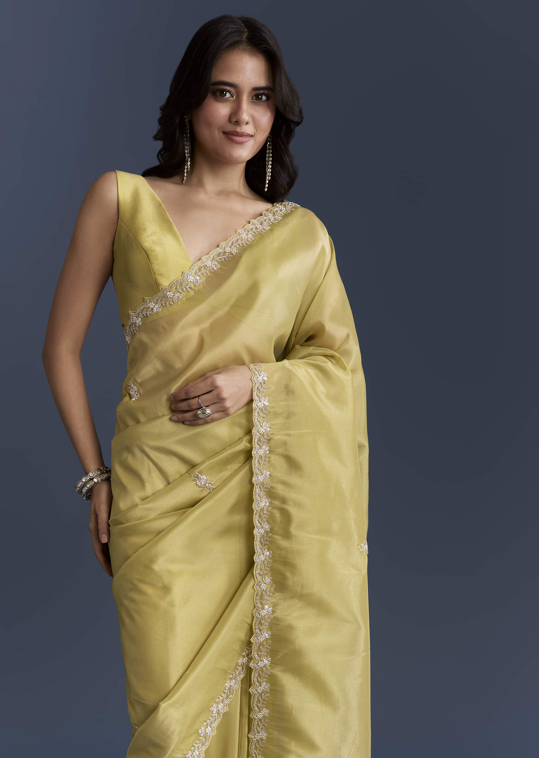 Yellow Tissue Saree With Heavy Hand Embroidery - Image 5