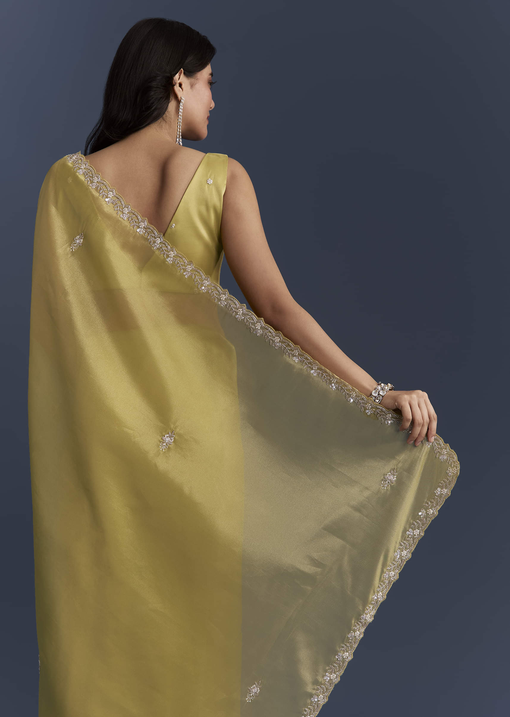 Yellow Tissue Saree With Heavy Hand Embroidery - Image 6