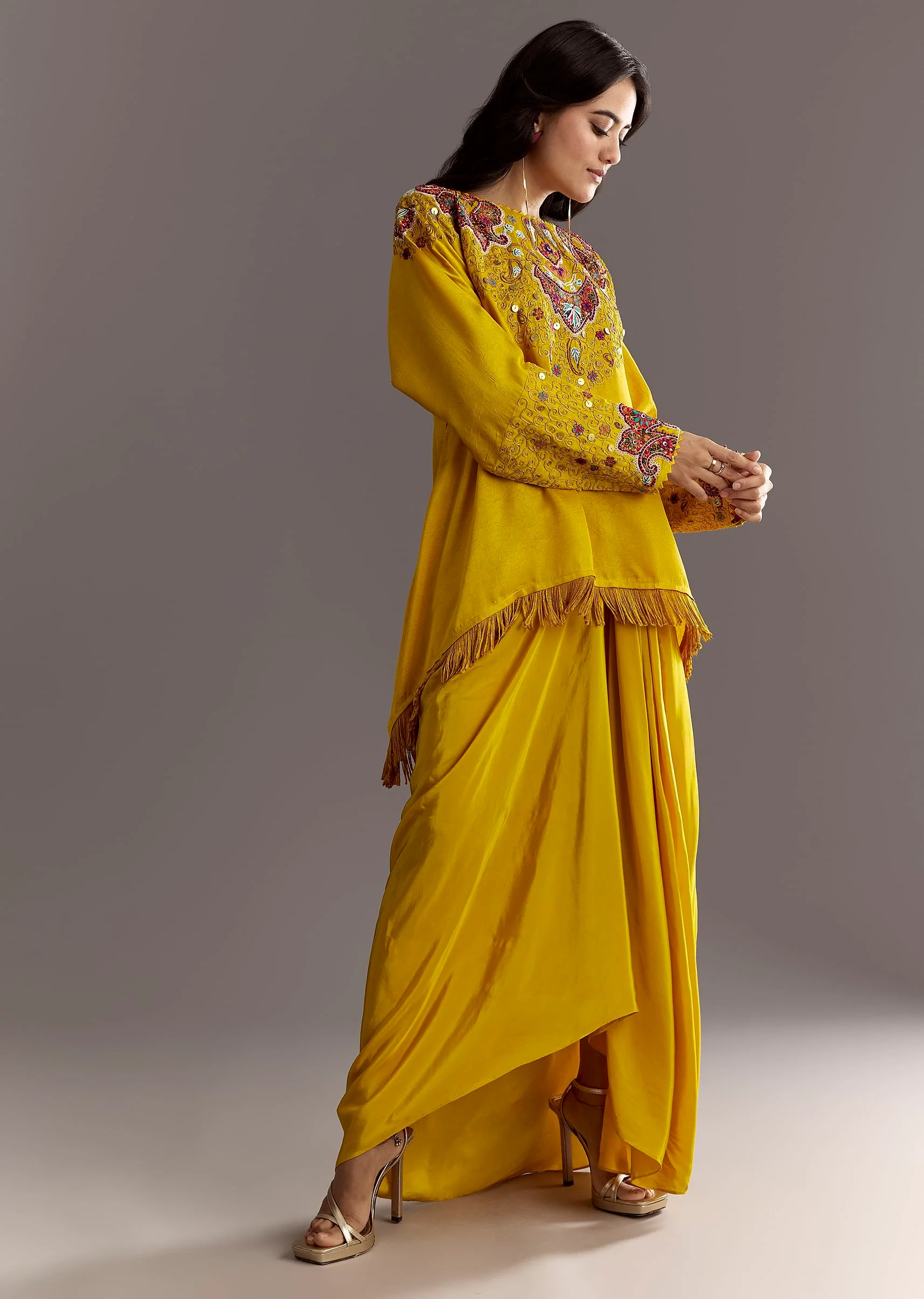 Yellow Tussar Silk Kurta Skirt With Beads And Threadwork - Image 3