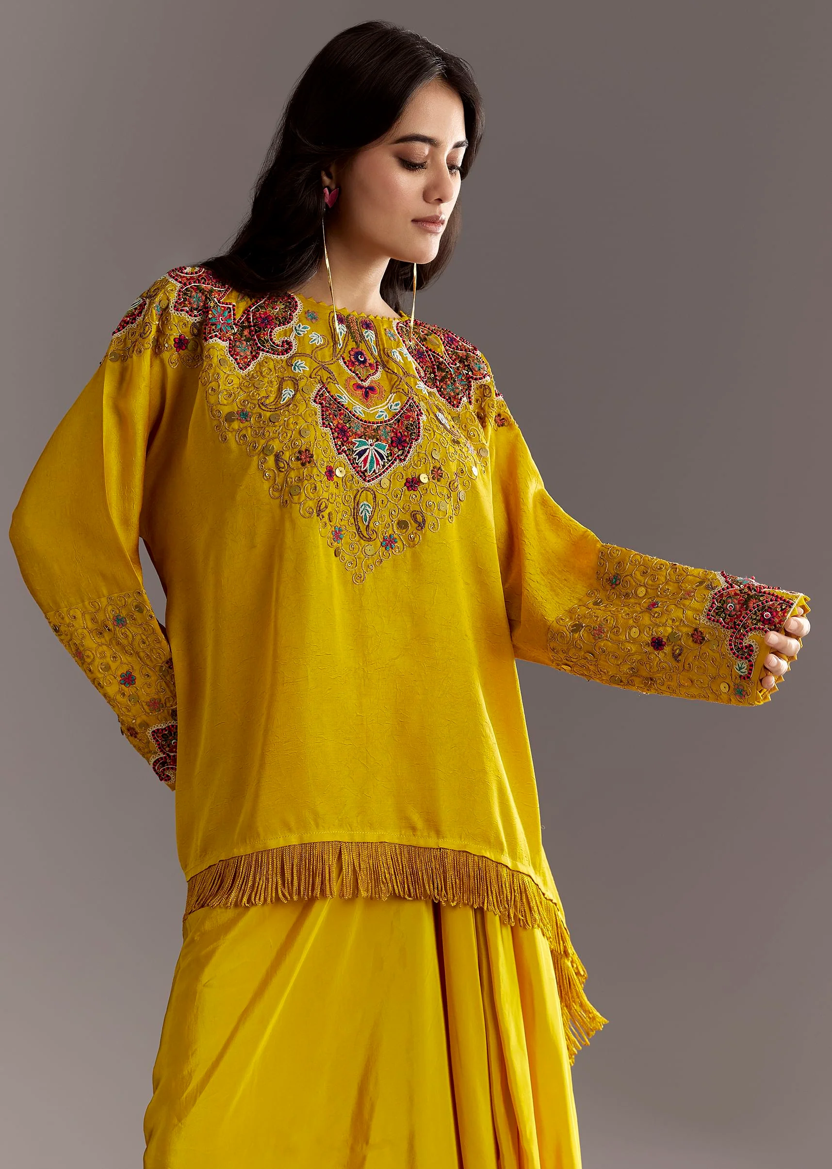 Yellow Tussar Silk Kurta Skirt With Beads And Threadwork - Image 4