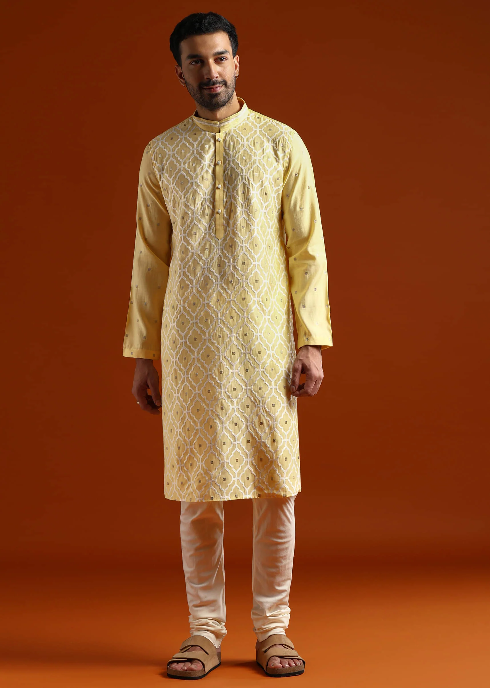 Yellow Viscose Kurta Set For Men With Resham Work - Image 2