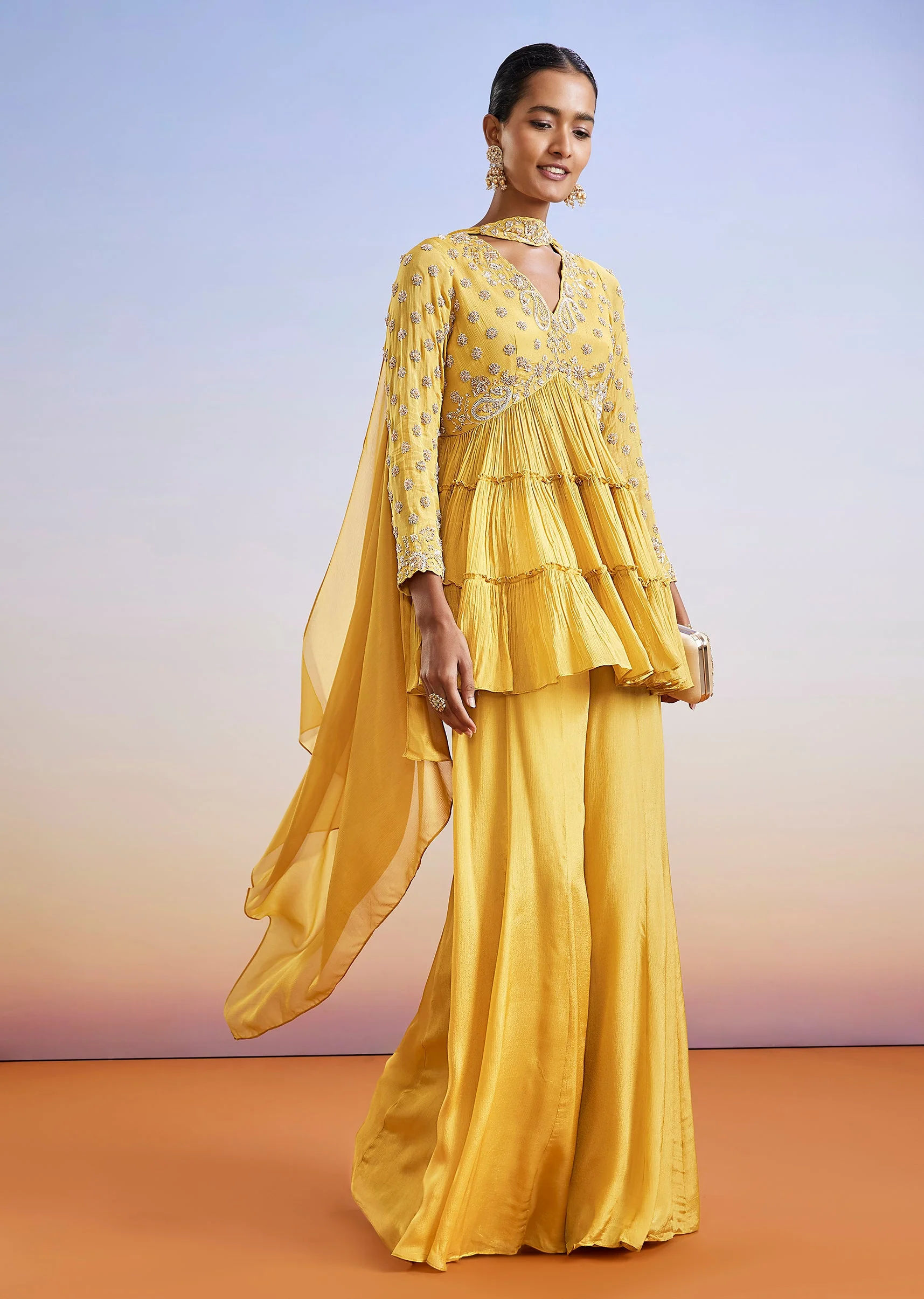 Yellow Zardosi Embroidered Chinon Peplum Palazzo Suit With Dupatta - Image 3
