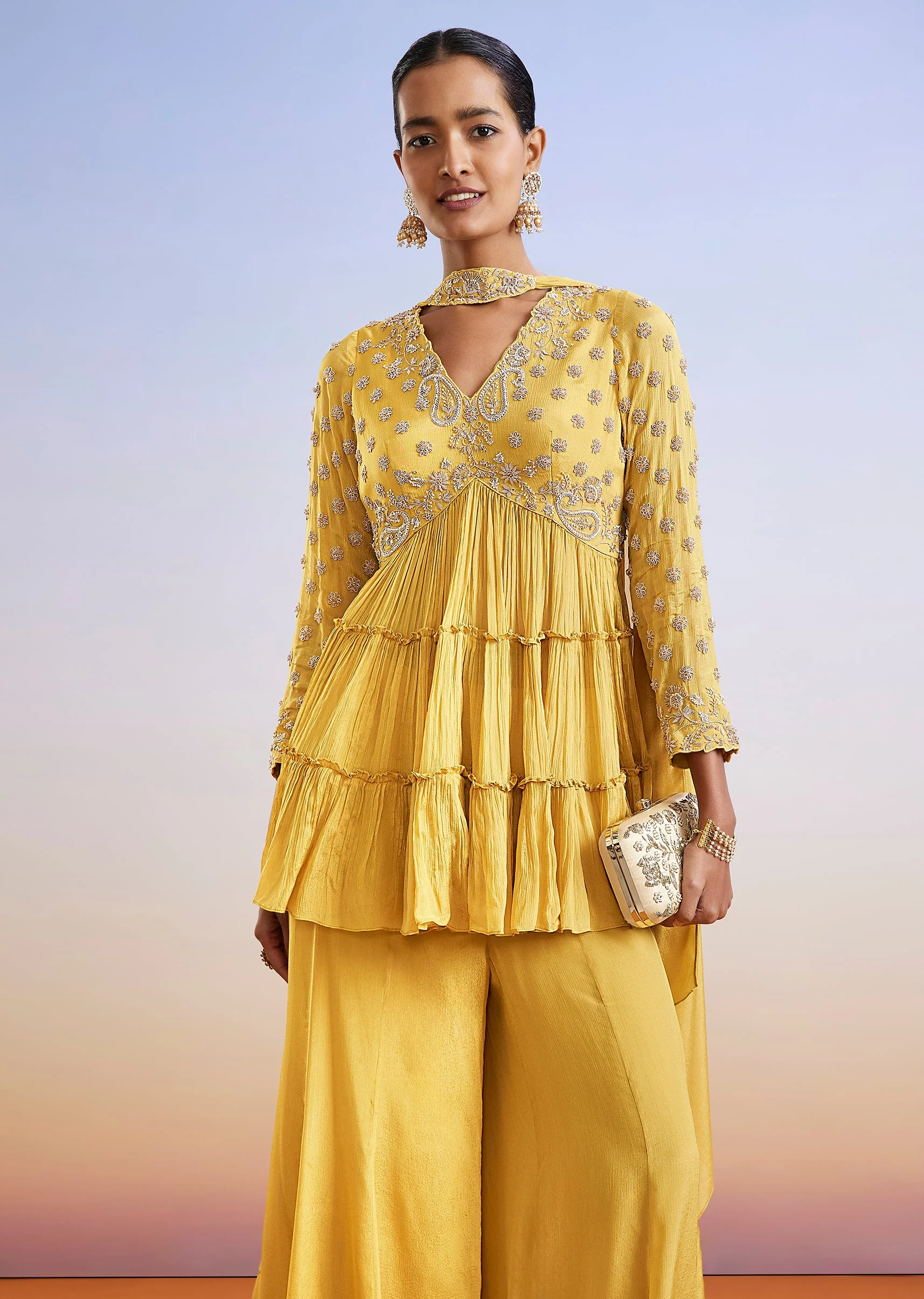 Yellow Zardosi Embroidered Chinon Peplum Palazzo Suit With Dupatta - Image 4