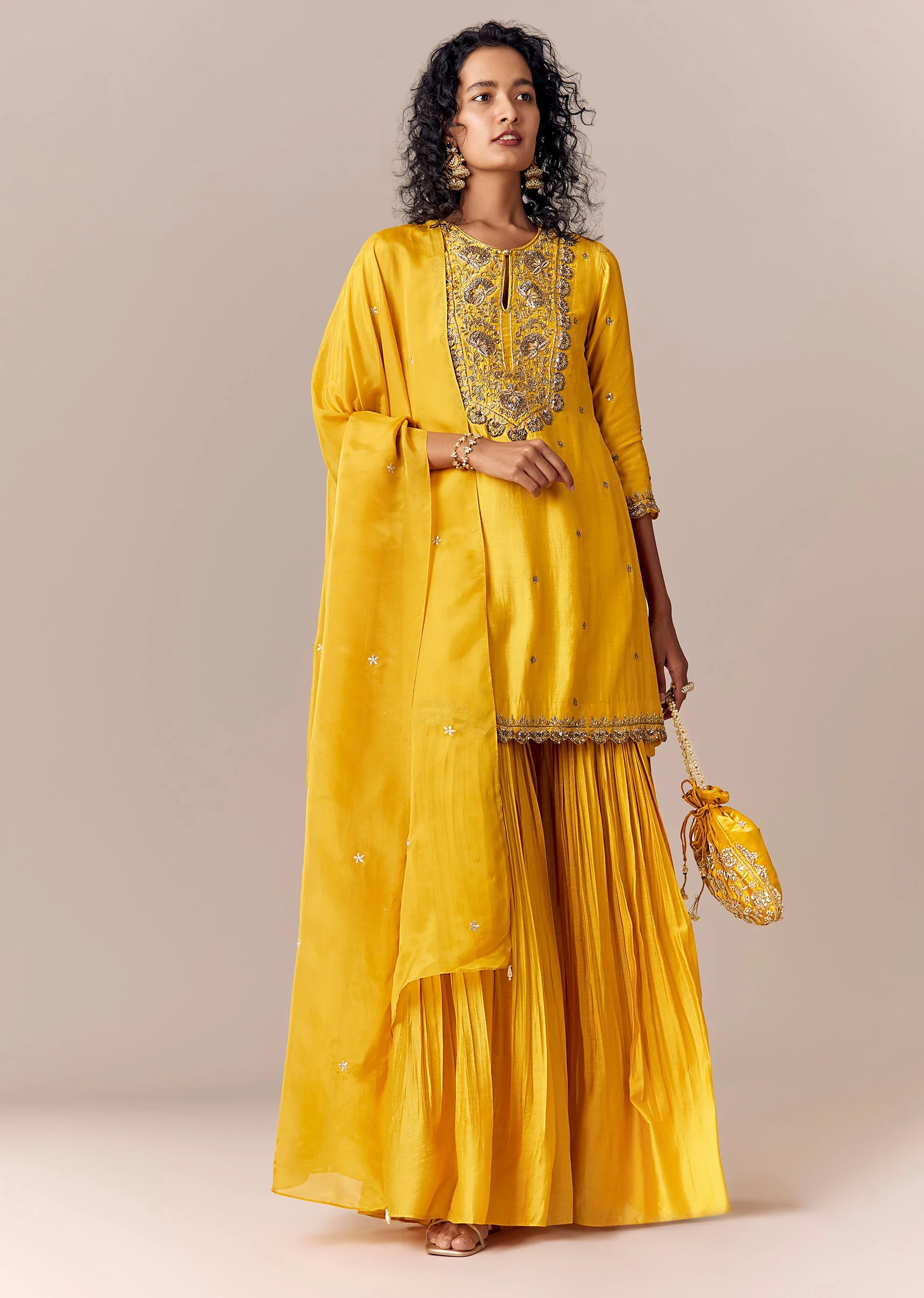 Yellow Zardosi Kurta Sharara Set With Dupatta - Image 3