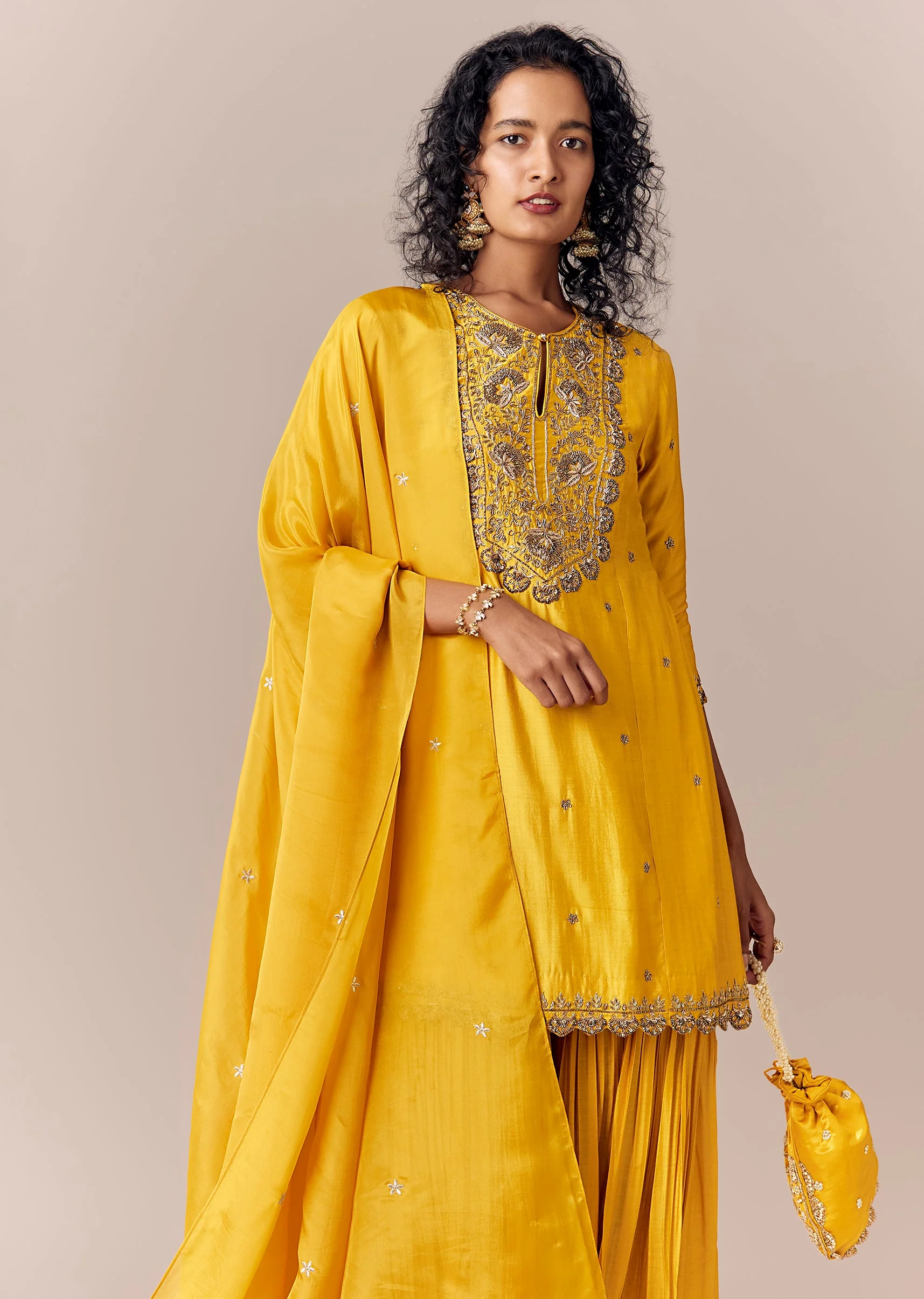 Yellow Zardosi Kurta Sharara Set With Dupatta - Image 4