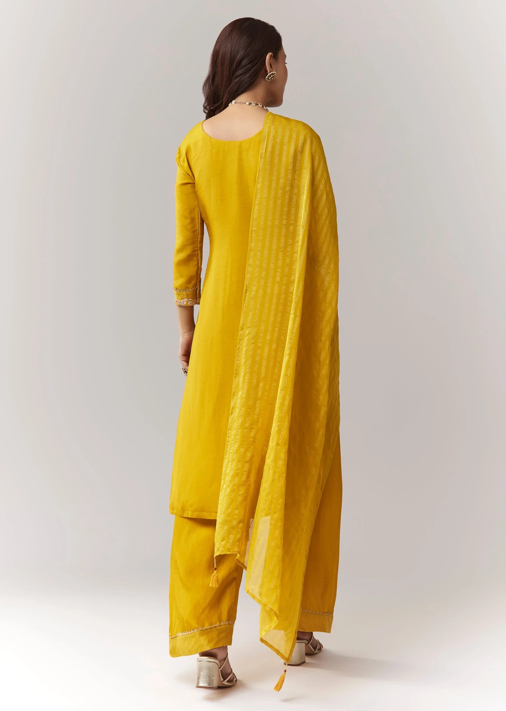 Yellow Zardosi Threadwork Kurta Palazzo Set With Dupatta - Image 5