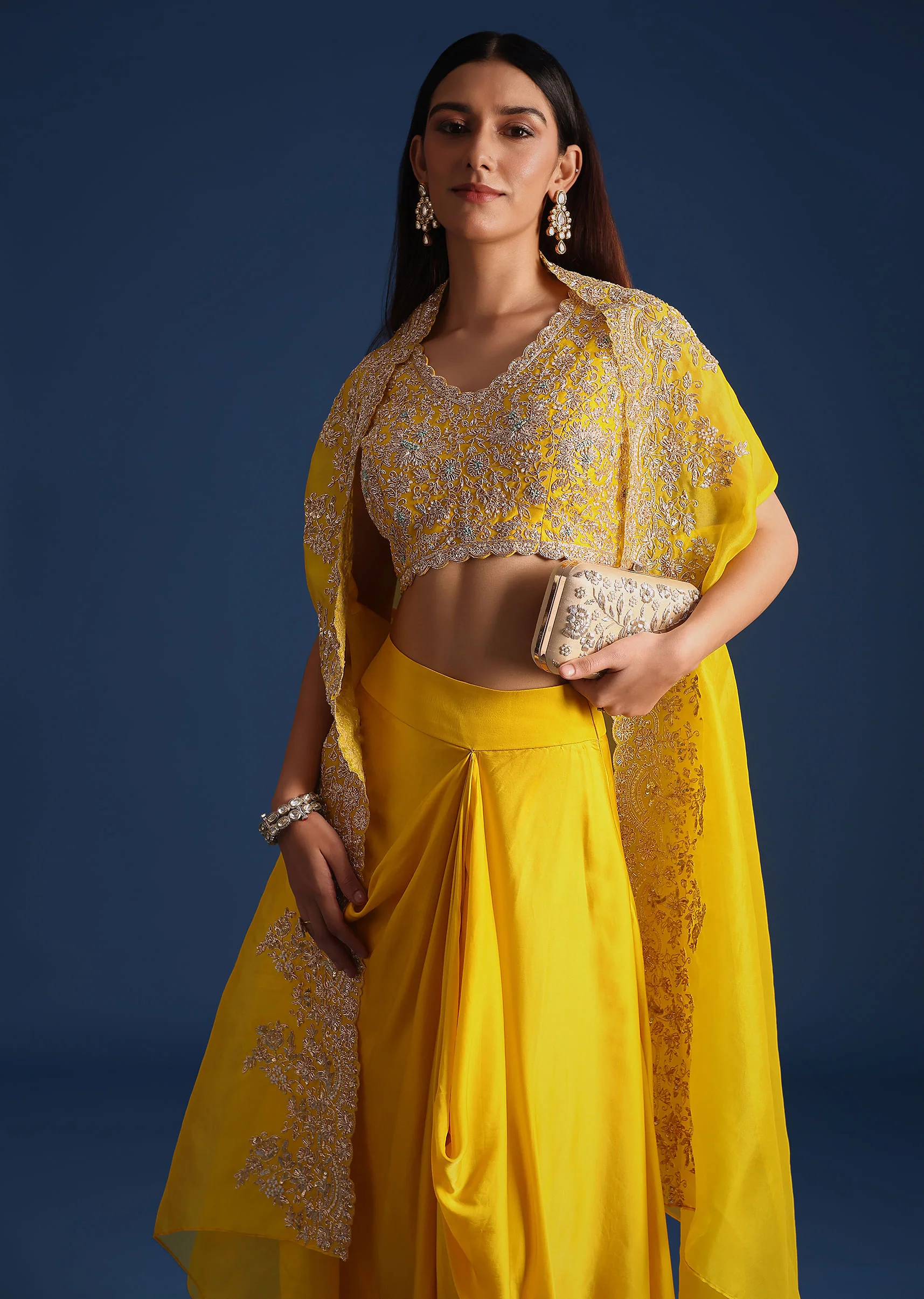 Yellow Zardozi Work Crop Top With Jacket And Skirt - Image 2