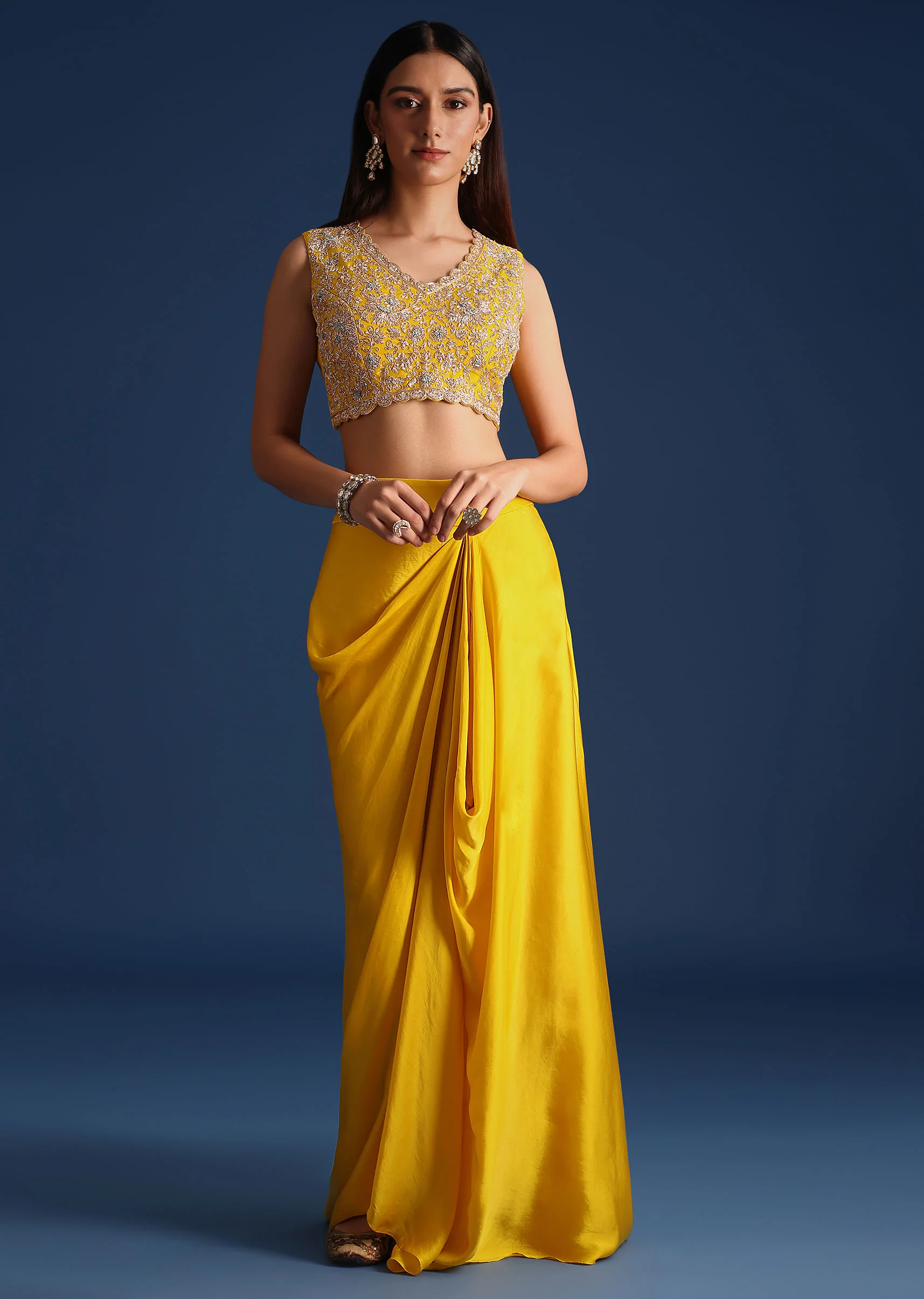 Yellow Zardozi Work Crop Top With Jacket And Skirt - Image 6