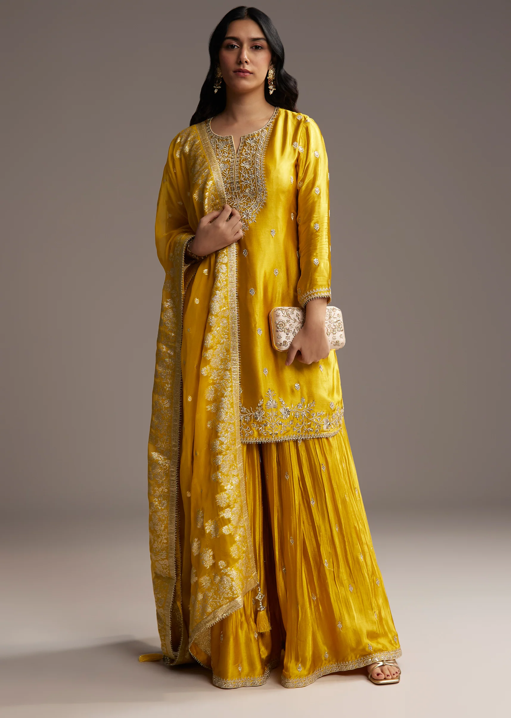 Yellow Zari Palazzo Suit Set With Dupatta - Image 3
