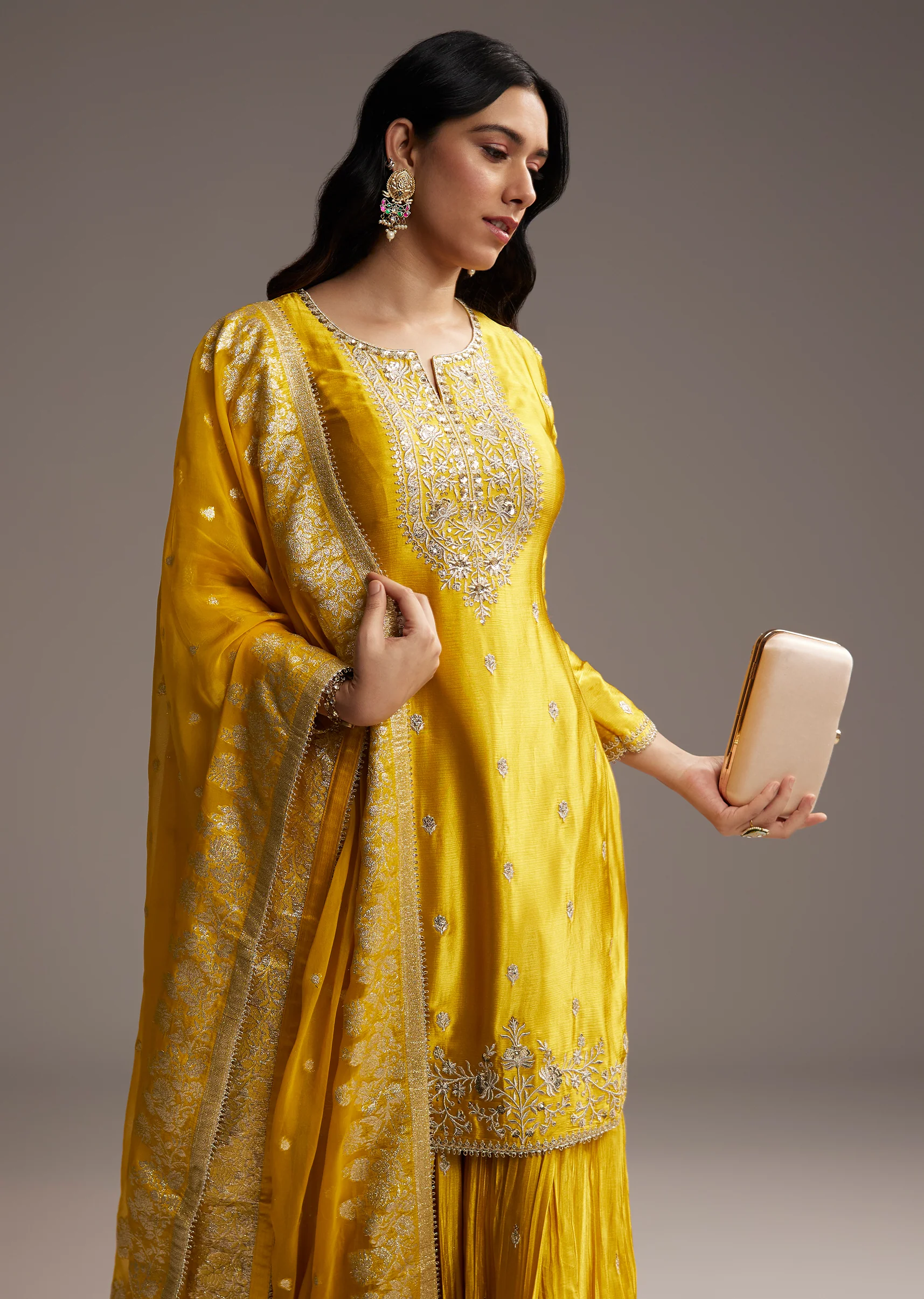Yellow Zari Palazzo Suit Set With Dupatta - Image 4