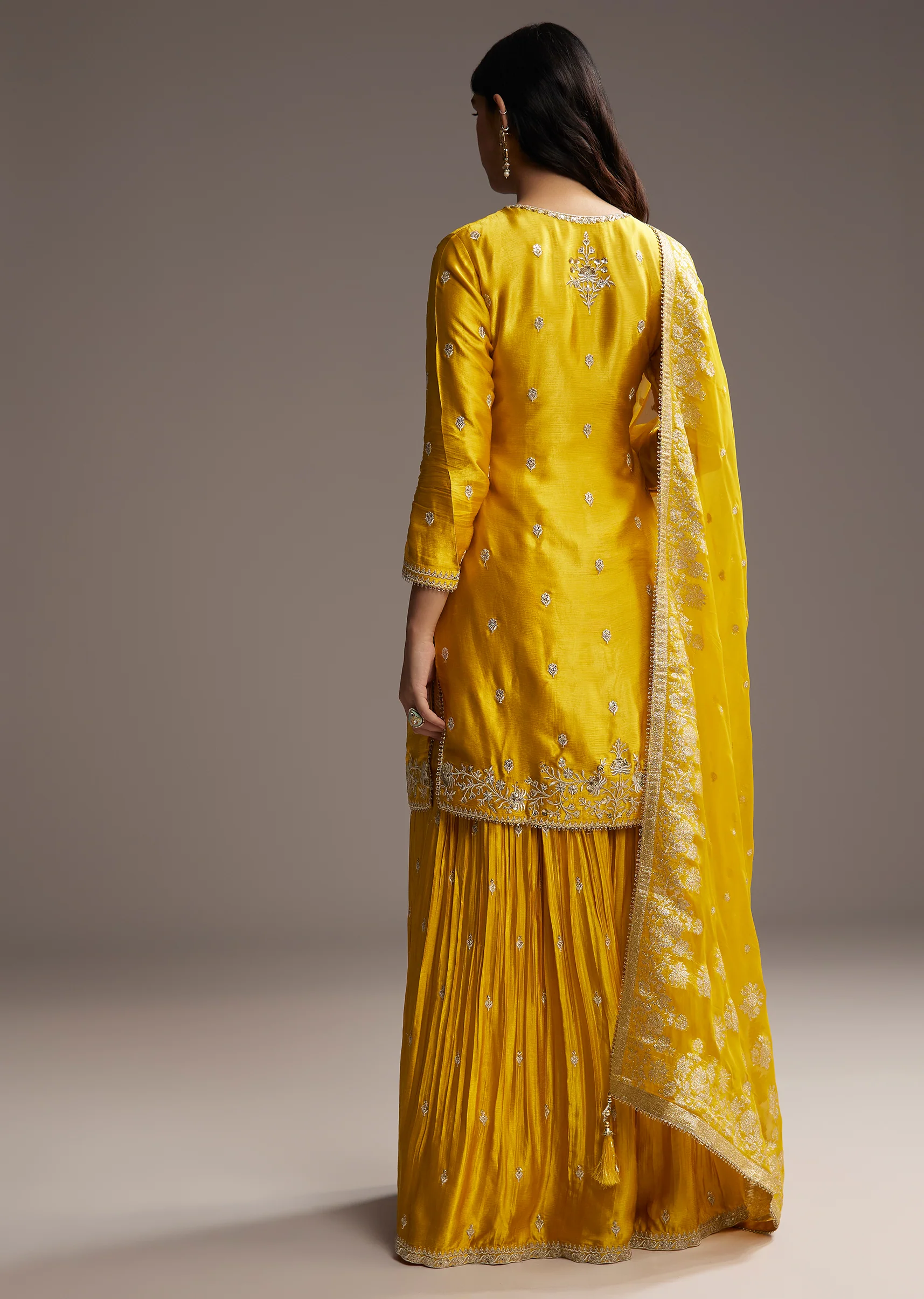 Yellow Zari Palazzo Suit Set With Dupatta - Image 5